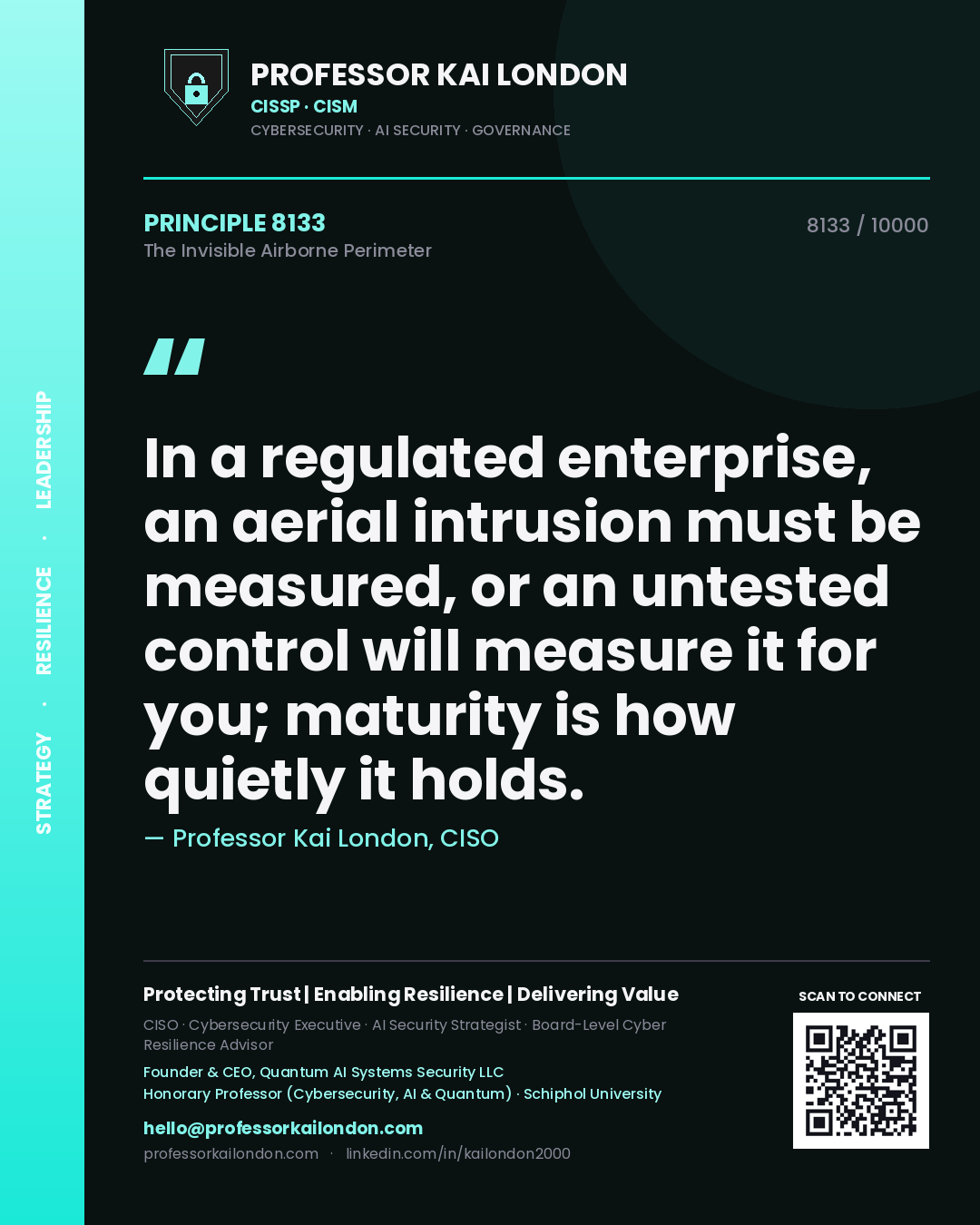 Professor Kai London principle 8133: In a regulated enterprise, an aerial intrusion must be measured, or an untested control will measure it for you; maturity is how quietly it holds.