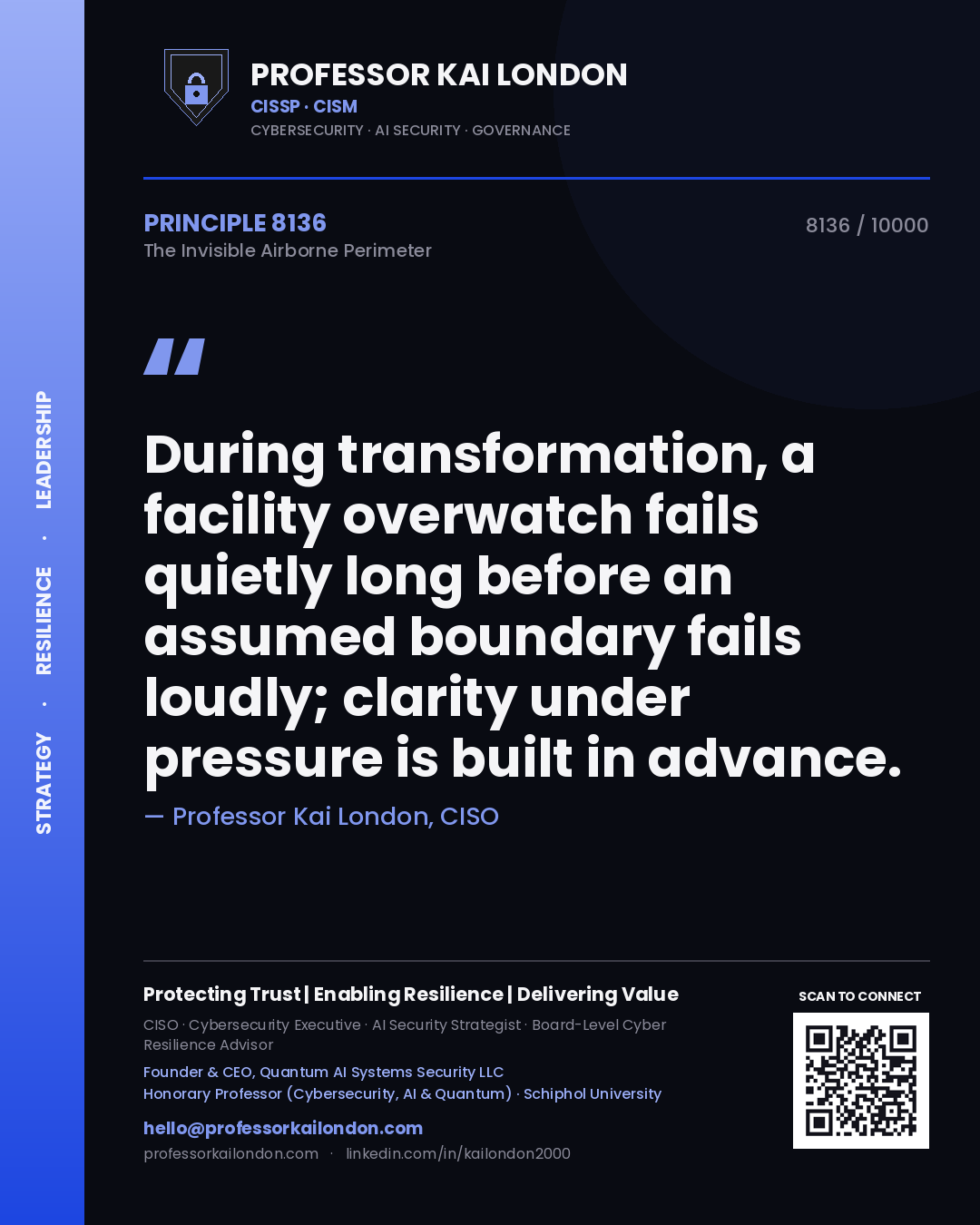 Professor Kai London principle 8136: During transformation, a facility overwatch fails quietly long before an assumed boundary fails loudly; clarity under pressure is built in advance.