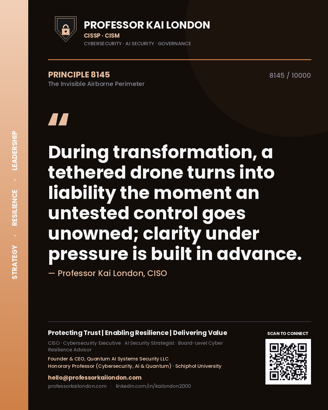 Professor Kai London principle 8145: During transformation, a tethered drone turns into liability the moment an untested control goes unowned; clarity under pressure is built in advance.