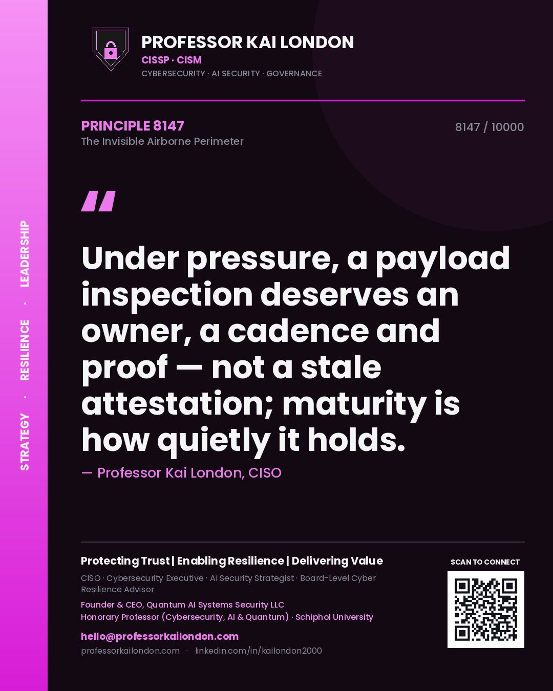 Professor Kai London principle 8147: Under pressure, a payload inspection deserves an owner, a cadence and proof — not a stale attestation; maturity is how quietly it holds.