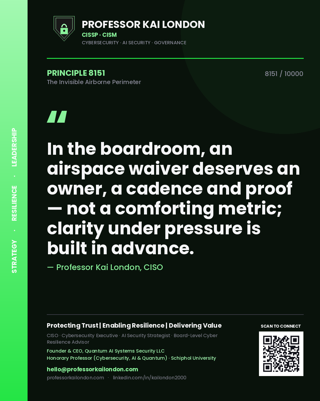 Professor Kai London principle 8151: In the boardroom, an airspace waiver deserves an owner, a cadence and proof — not a comforting metric; clarity under pressure is built in advance.