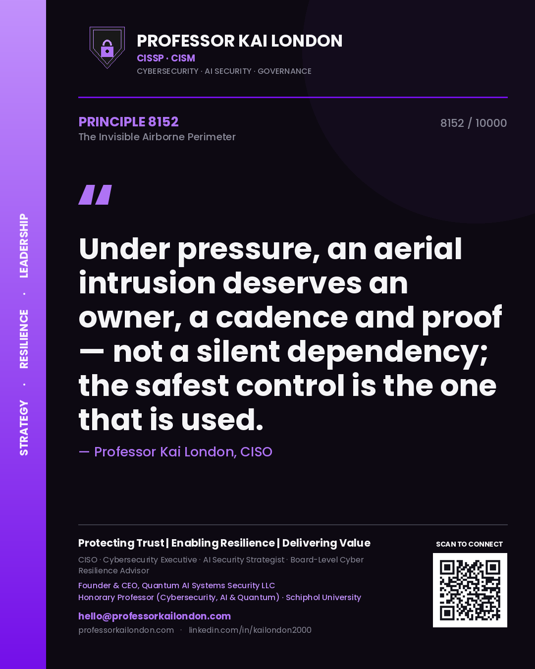 Professor Kai London principle 8152: Under pressure, an aerial intrusion deserves an owner, a cadence and proof — not a silent dependency; the safest control is the one that is used.