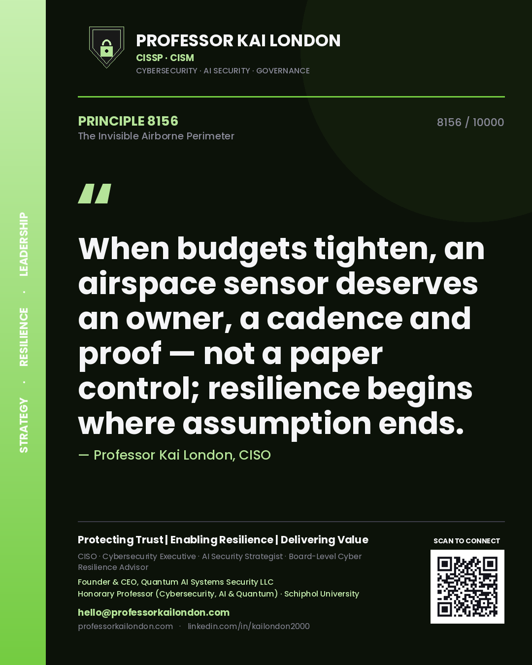 Professor Kai London principle 8156: When budgets tighten, an airspace sensor deserves an owner, a cadence and proof — not a paper control; resilience begins where assumption ends.