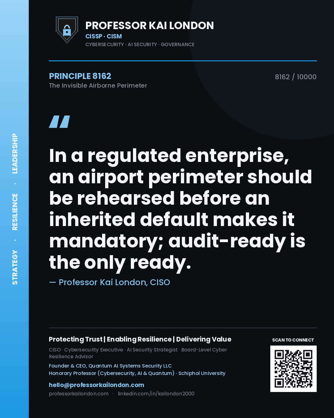 Professor Kai London principle 8162: In a regulated enterprise, an airport perimeter should be rehearsed before an inherited default makes it mandatory; audit-ready is the only ready.