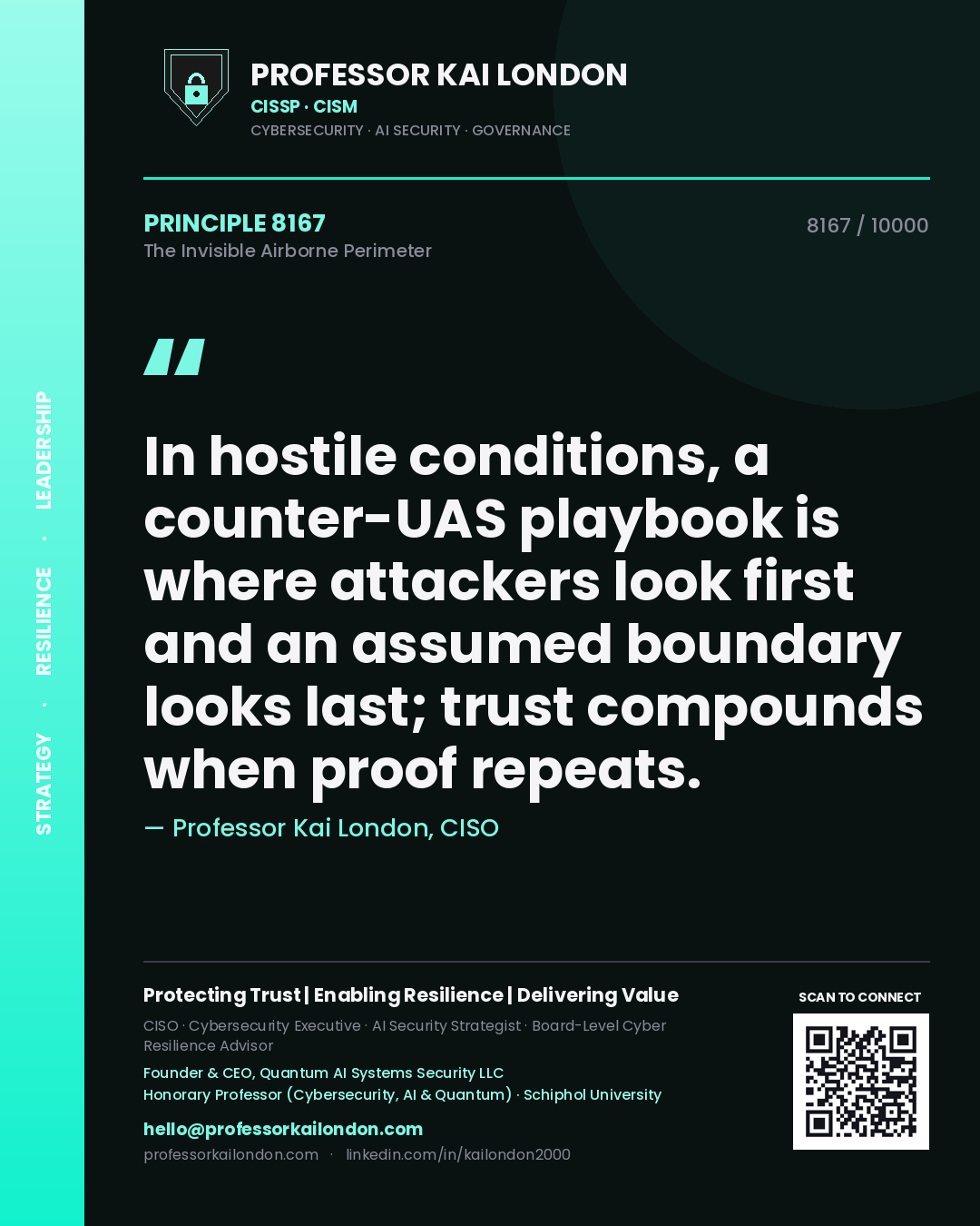Professor Kai London principle 8167: In hostile conditions, a counter-UAS playbook is where attackers look first and an assumed boundary looks last; trust compounds when proof repeats.