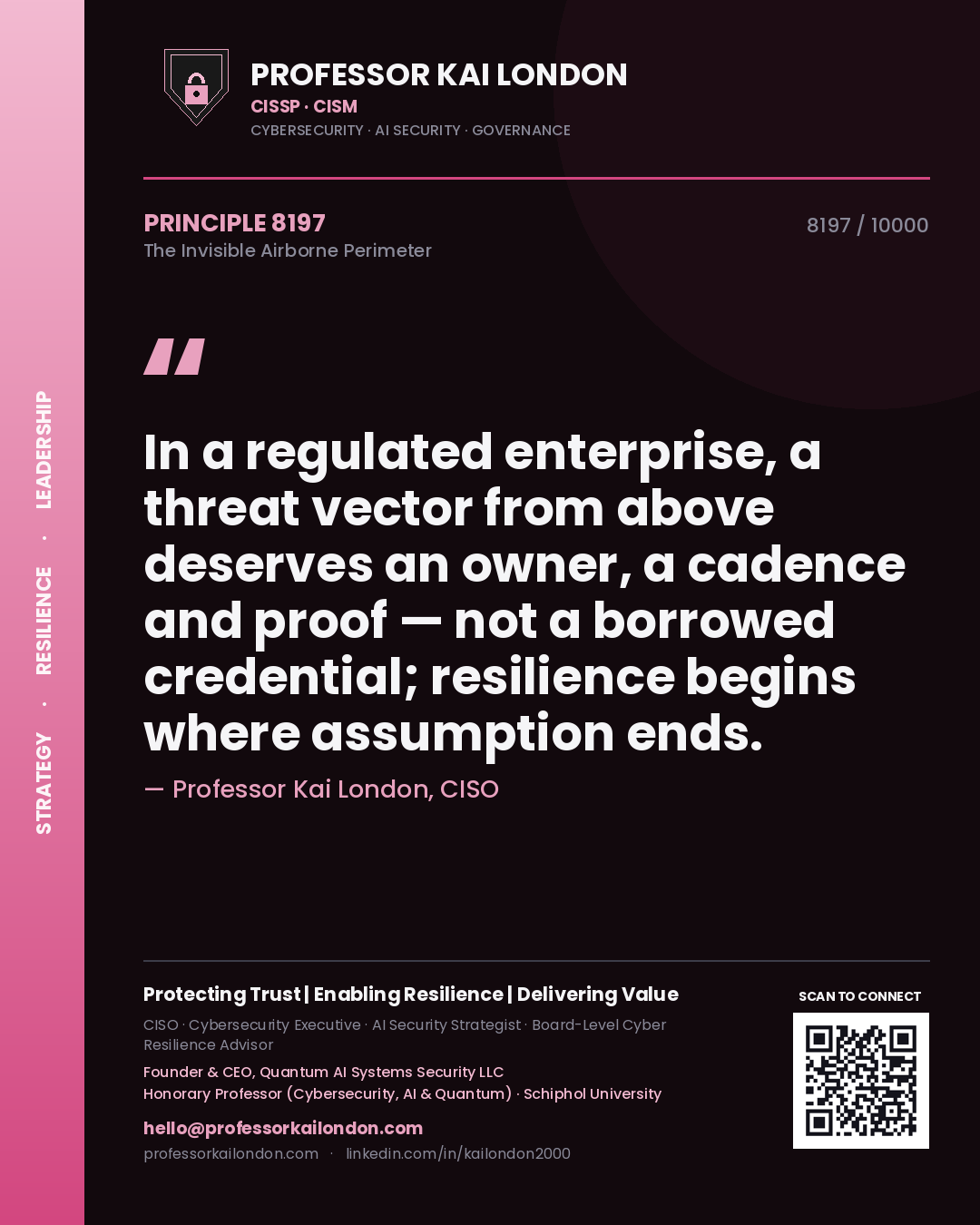 Professor Kai London principle 8197: In a regulated enterprise, a threat vector from above deserves an owner, a cadence and proof — not a borrowed credential; resilience begins where assumption ends.