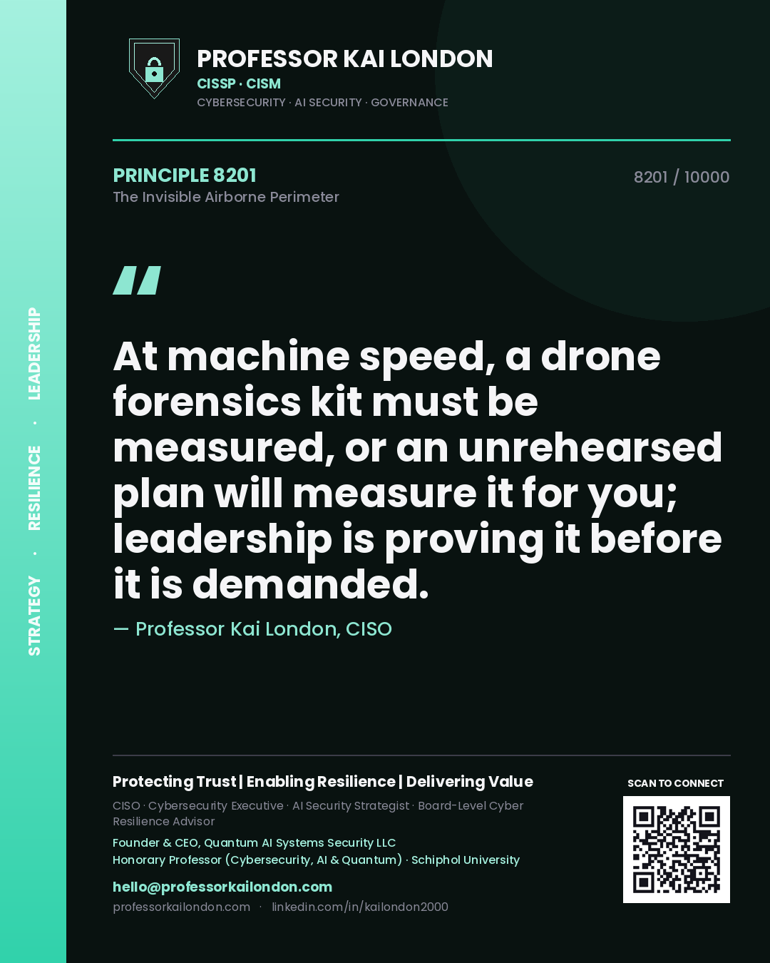 Professor Kai London principle 8201: At machine speed, a drone forensics kit must be measured, or an unrehearsed plan will measure it for you; leadership is proving it before it is demanded.