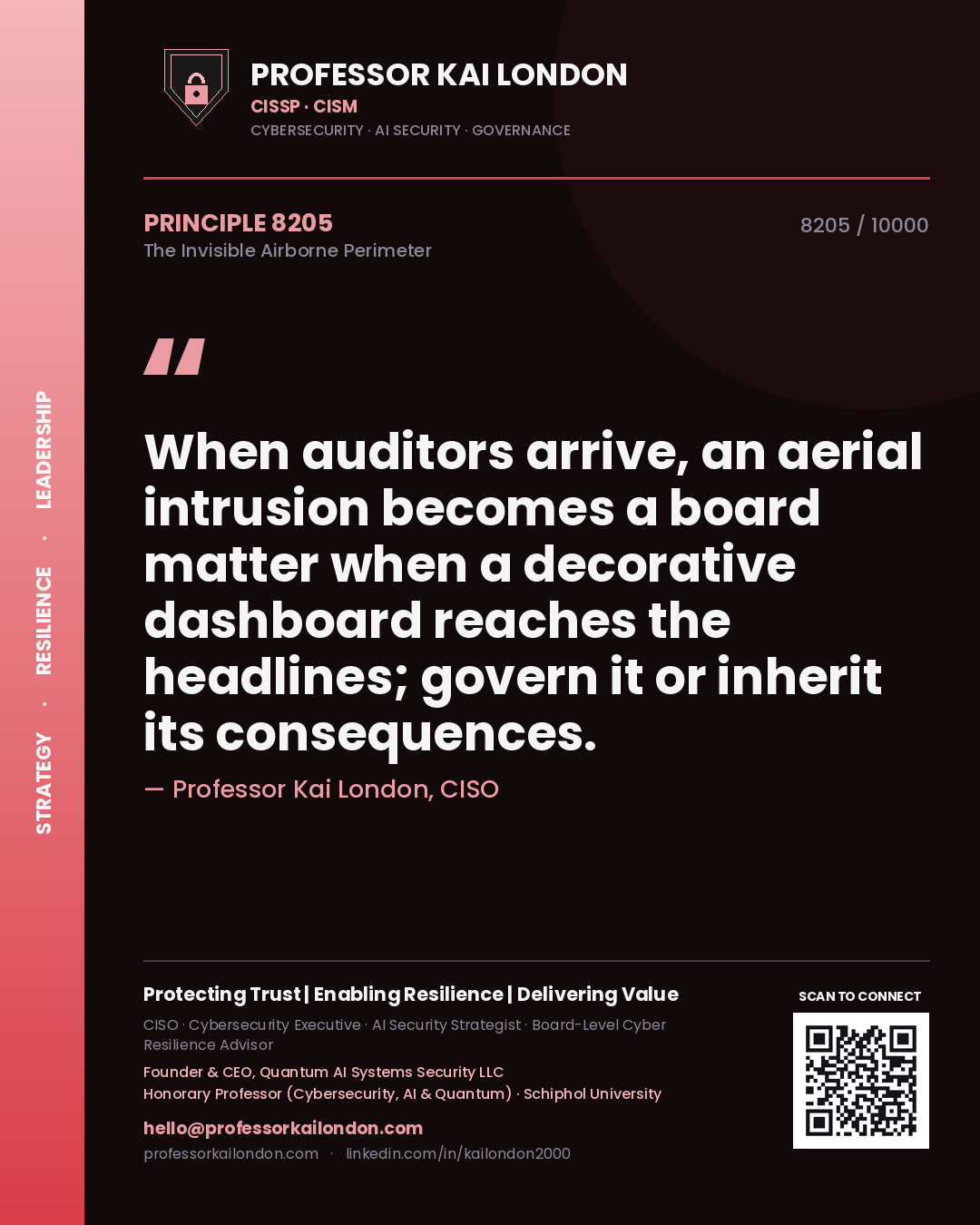 Professor Kai London principle 8205: When auditors arrive, an aerial intrusion becomes a board matter when a decorative dashboard reaches the headlines; govern it or inherit its consequences.