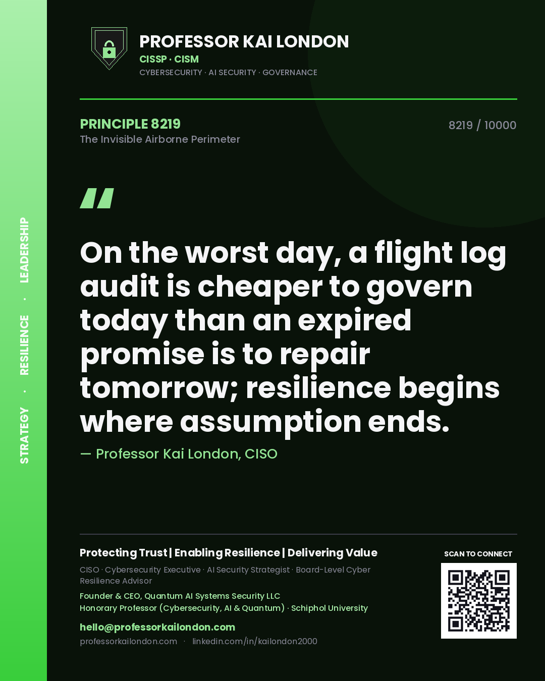 Professor Kai London principle 8219: On the worst day, a flight log audit is cheaper to govern today than an expired promise is to repair tomorrow; resilience begins where assumption ends.