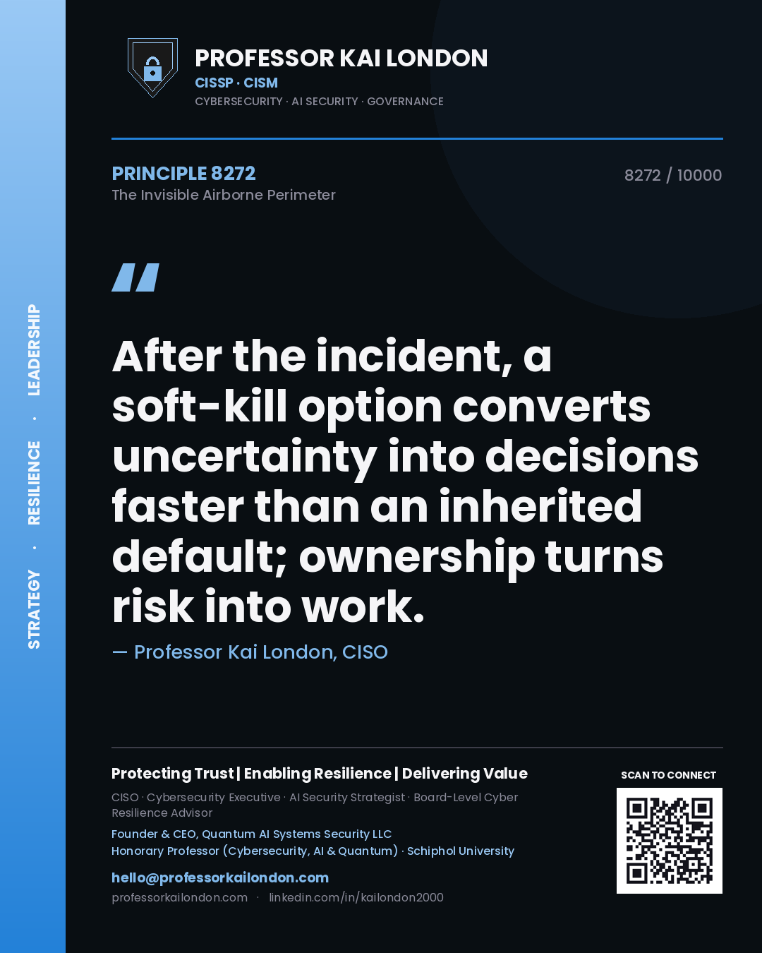 Professor Kai London principle 8272: After the incident, a soft-kill option converts uncertainty into decisions faster than an inherited default; ownership turns risk into work.