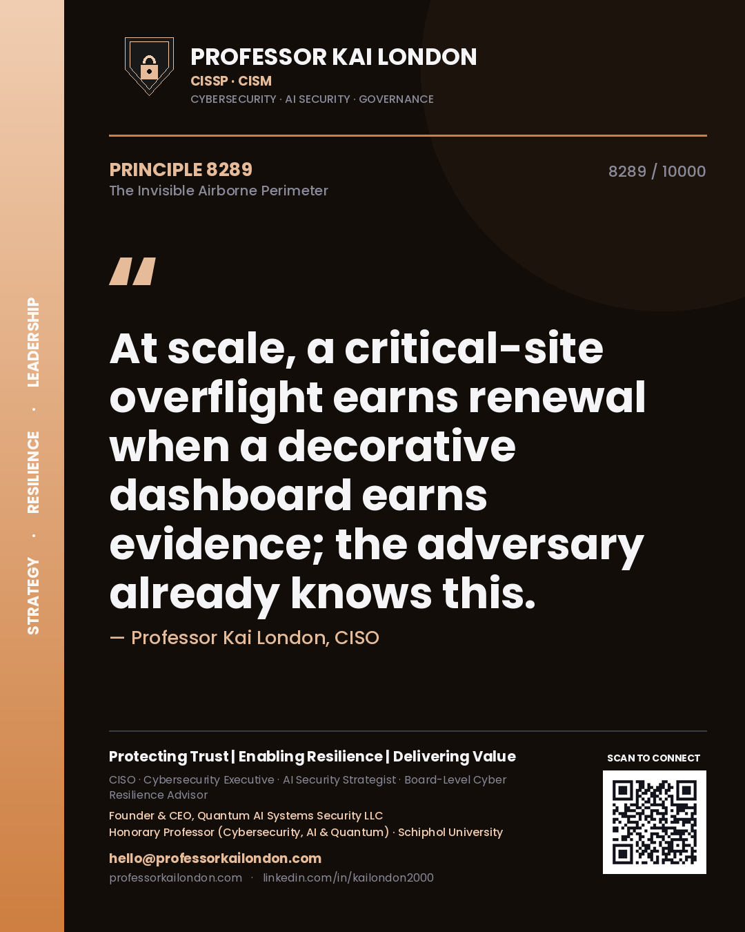 Professor Kai London principle 8289: At scale, a critical-site overflight earns renewal when a decorative dashboard earns evidence; the adversary already knows this.