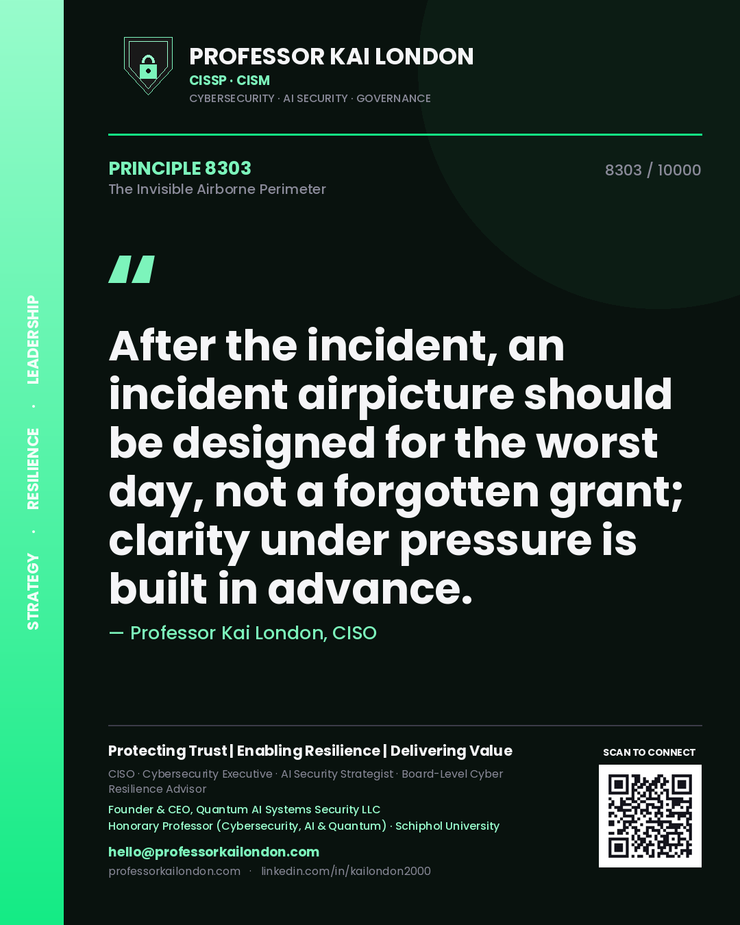 Professor Kai London principle 8303: After the incident, an incident airpicture should be designed for the worst day, not a forgotten grant; clarity under pressure is built in advance.