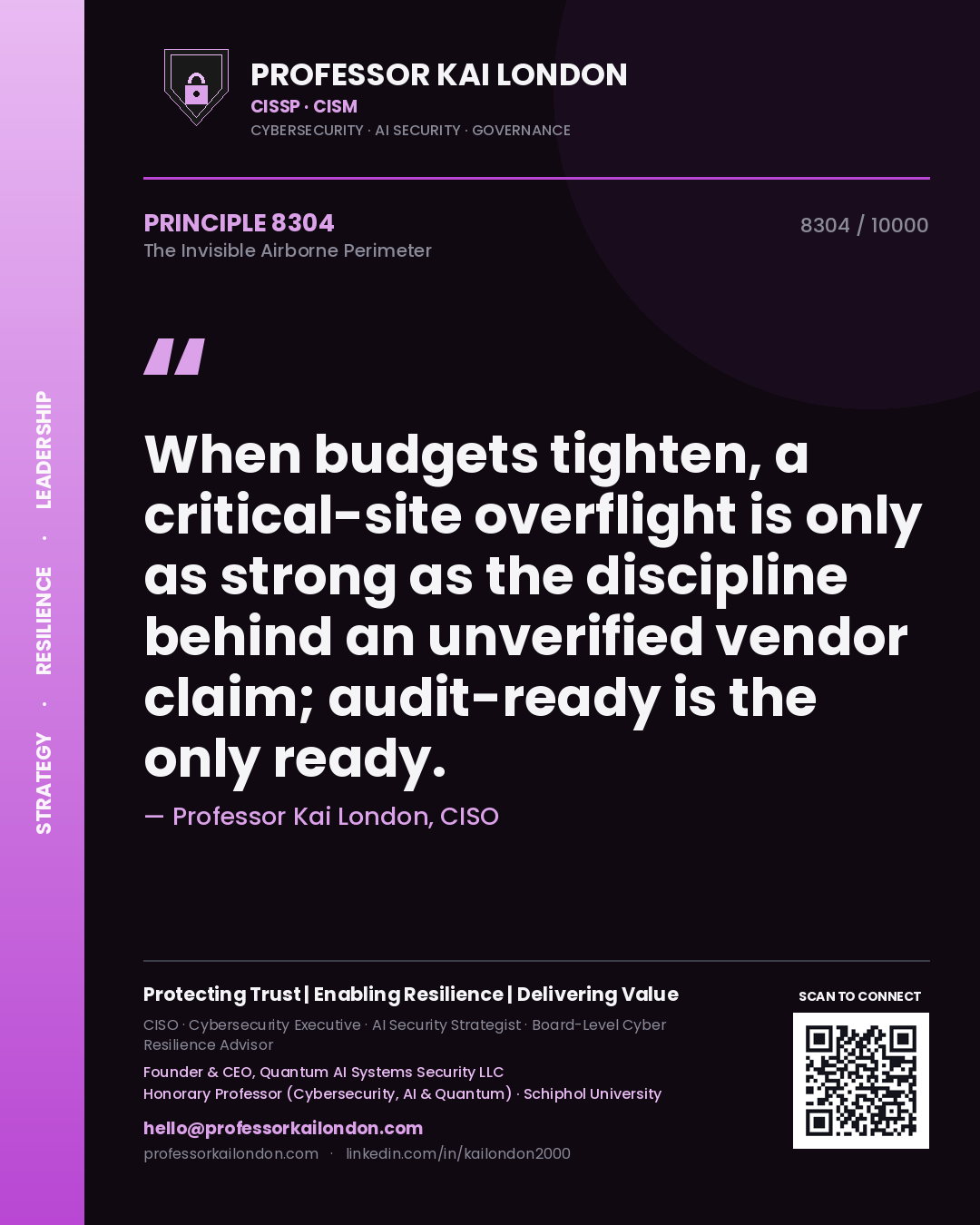 Professor Kai London principle 8304: When budgets tighten, a critical-site overflight is only as strong as the discipline behind an unverified vendor claim; audit-ready is the only ready.