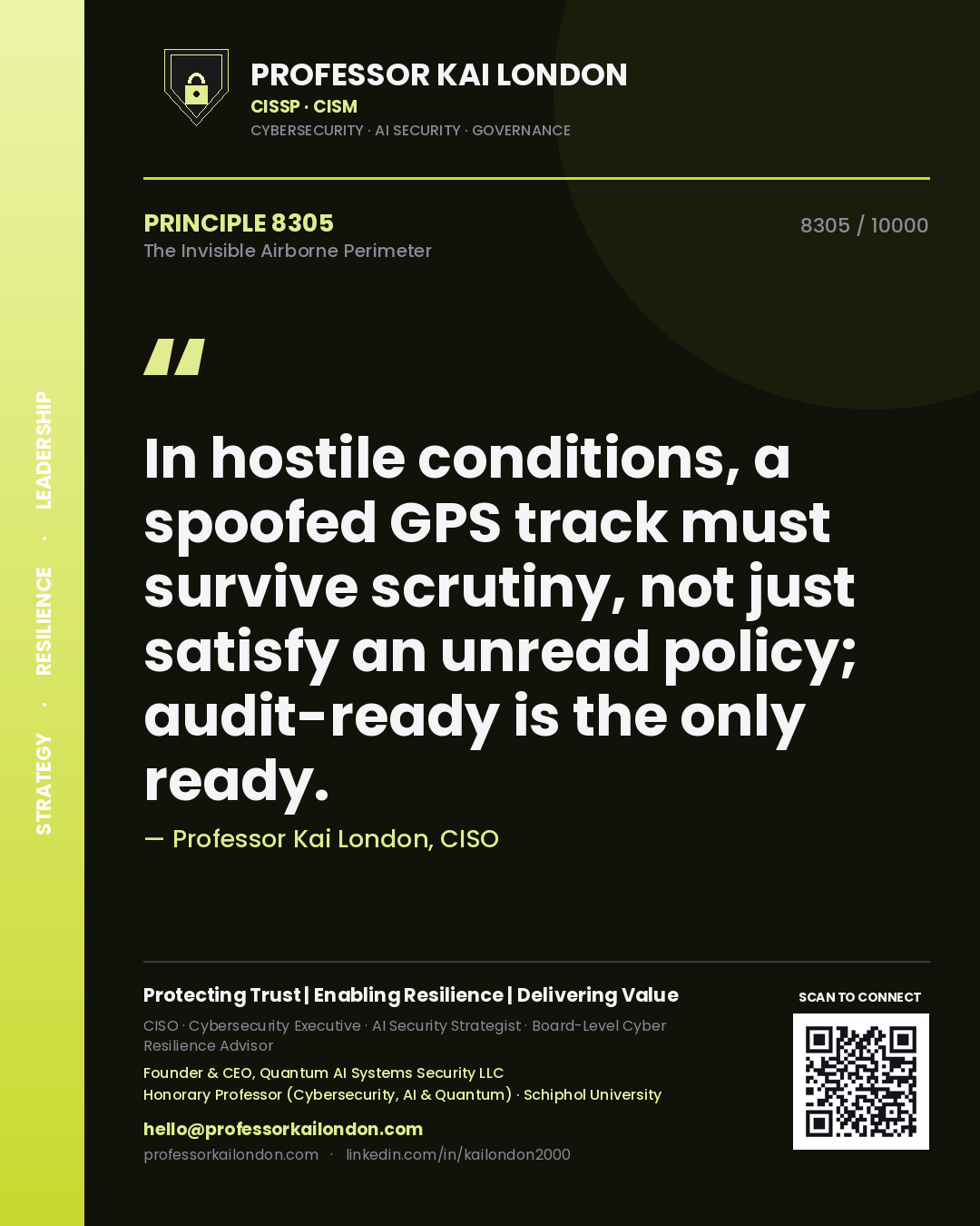 Professor Kai London principle 8305: In hostile conditions, a spoofed GPS track must survive scrutiny, not just satisfy an unread policy; audit-ready is the only ready.