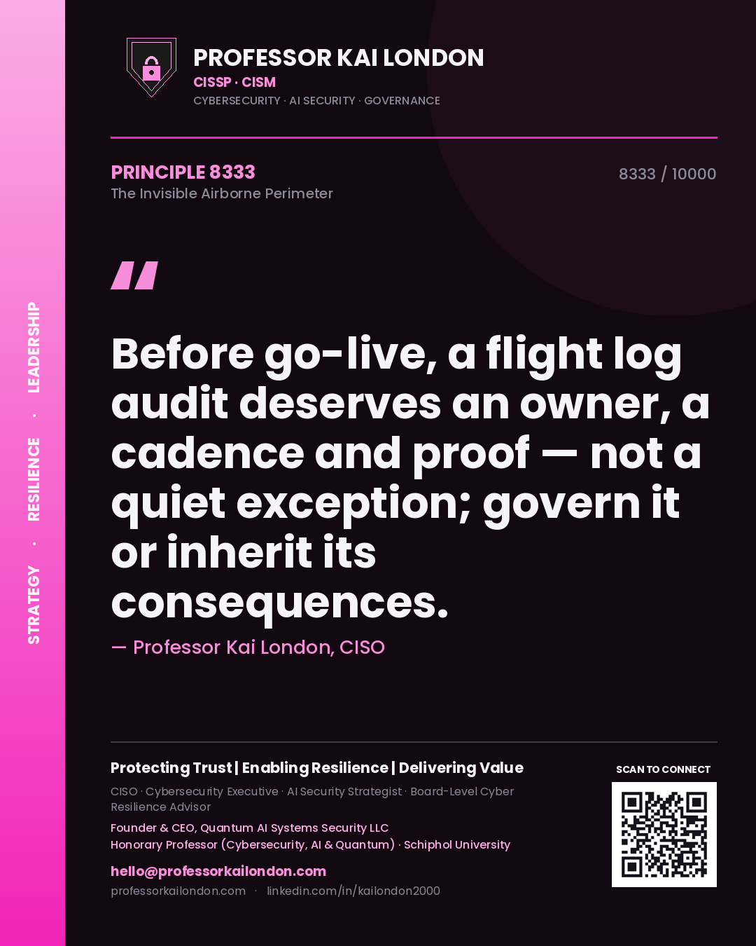 Professor Kai London principle 8333: Before go-live, a flight log audit deserves an owner, a cadence and proof — not a quiet exception; govern it or inherit its consequences.