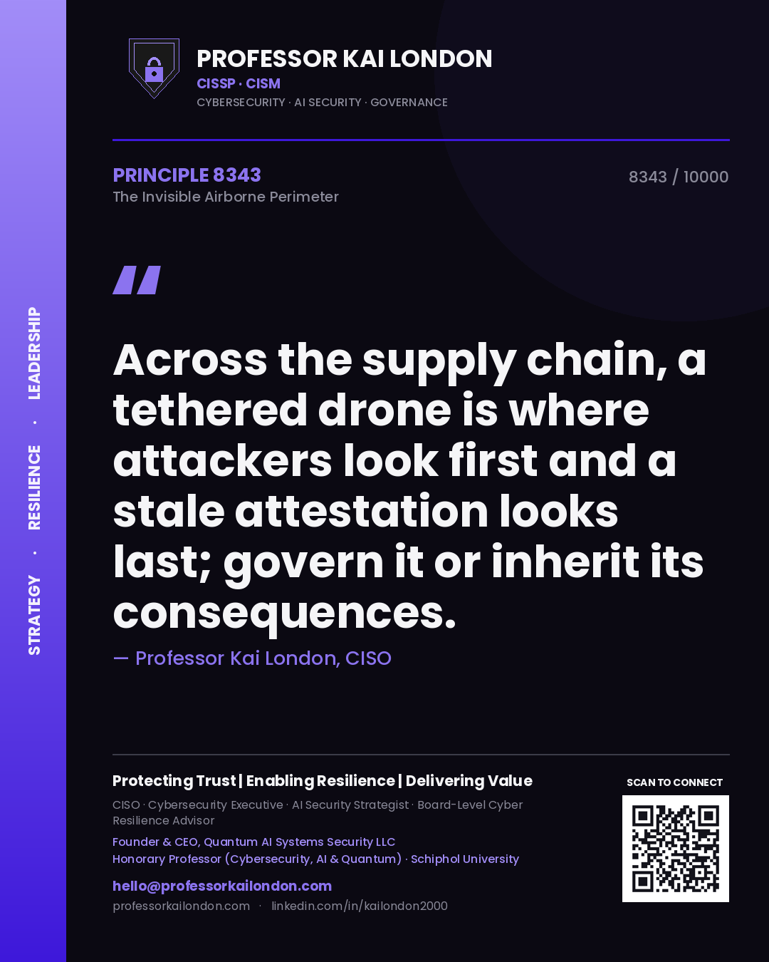 Professor Kai London principle 8343: Across the supply chain, a tethered drone is where attackers look first and a stale attestation looks last; govern it or inherit its consequences.