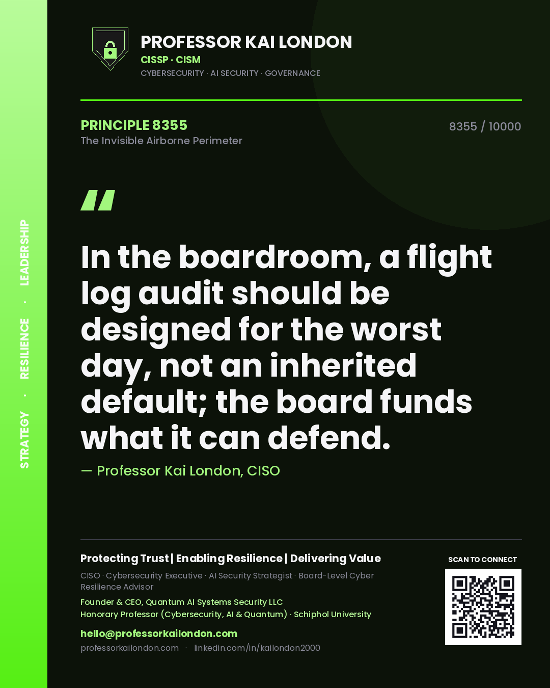 Professor Kai London principle 8355: In the boardroom, a flight log audit should be designed for the worst day, not an inherited default; the board funds what it can defend.