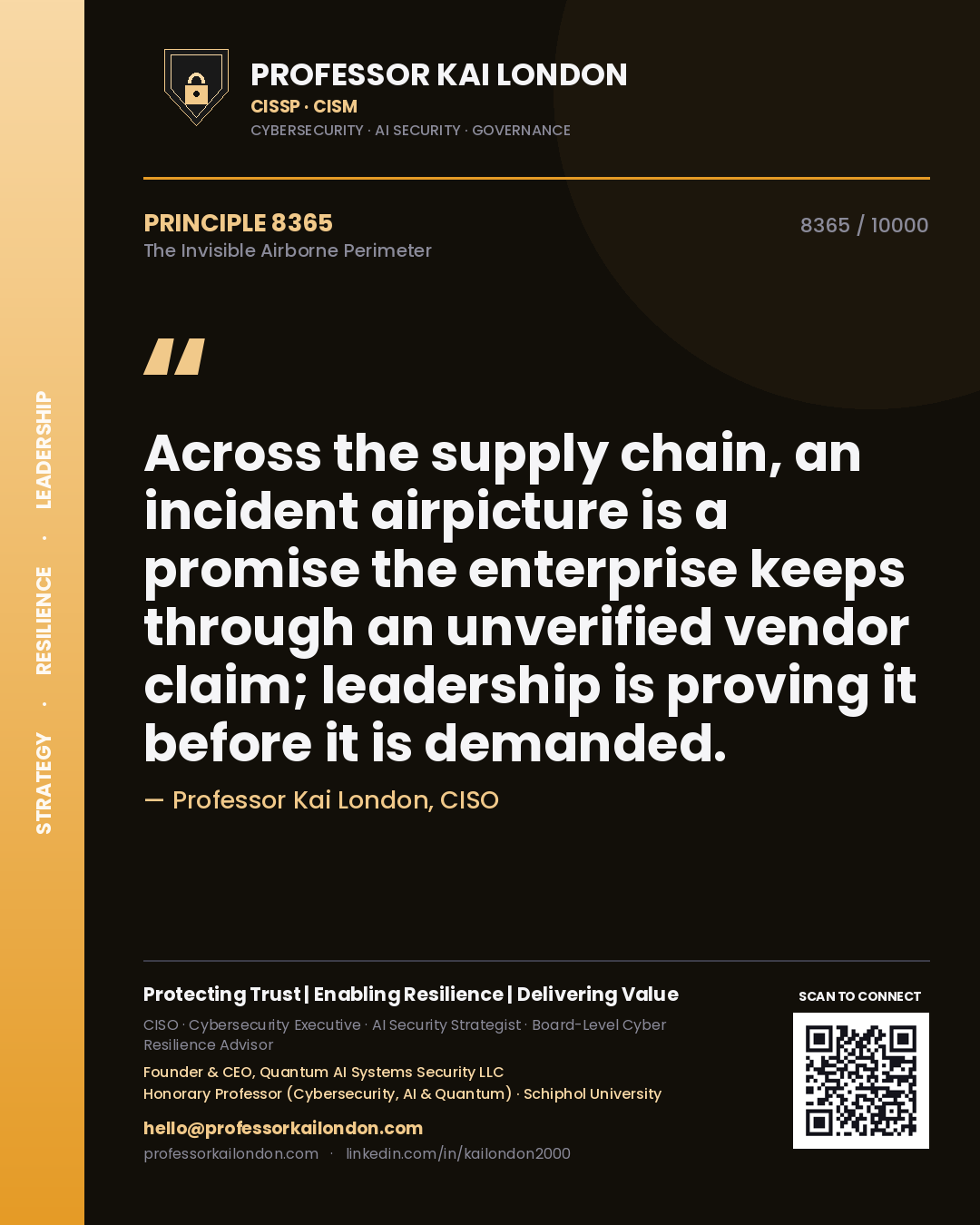 Professor Kai London principle 8365: Across the supply chain, an incident airpicture is a promise the enterprise keeps through an unverified vendor claim; leadership is proving it before it is demanded.