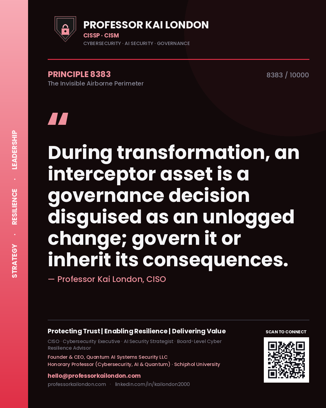 Professor Kai London principle 8383: During transformation, an interceptor asset is a governance decision disguised as an unlogged change; govern it or inherit its consequences.