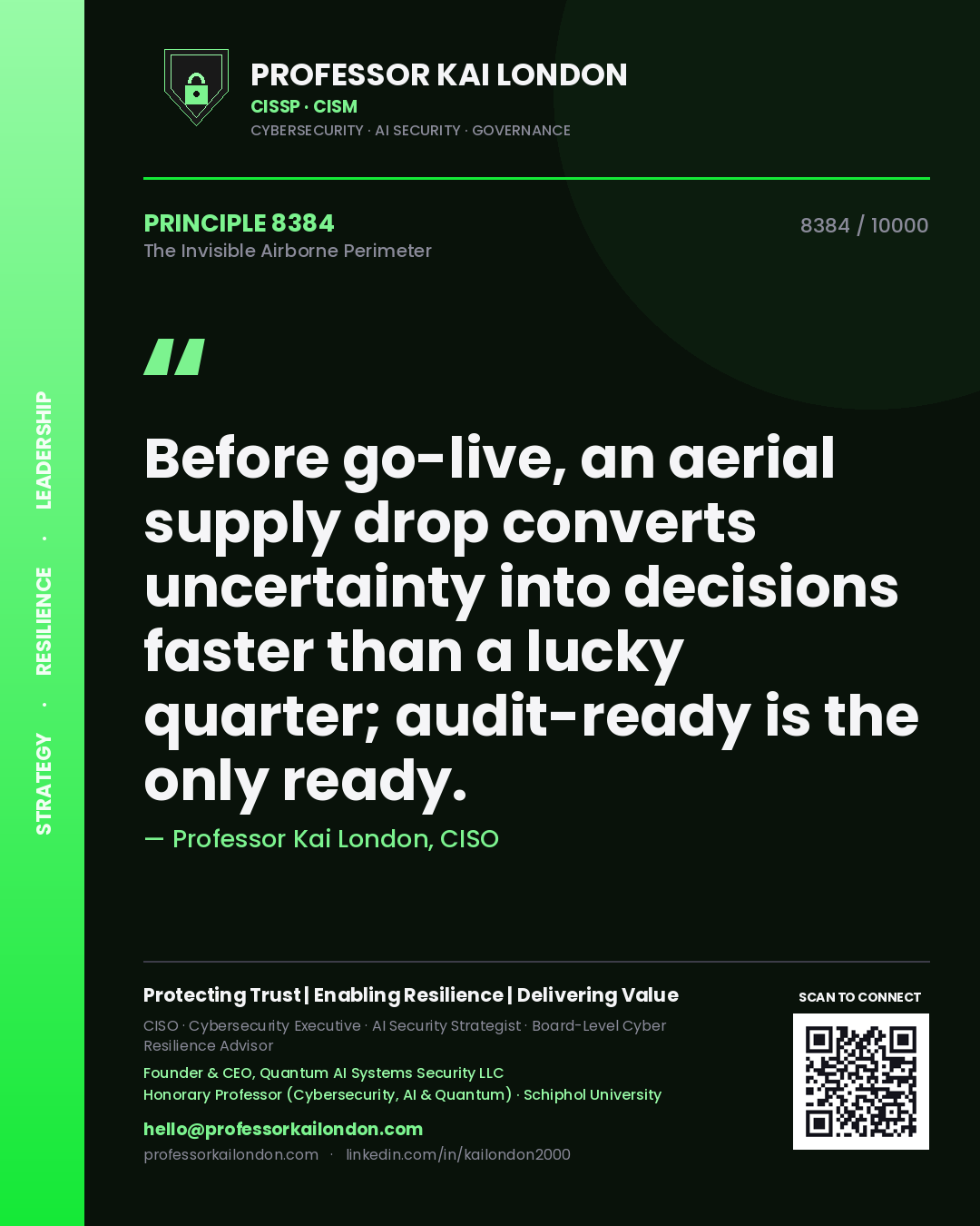 Professor Kai London principle 8384: Before go-live, an aerial supply drop converts uncertainty into decisions faster than a lucky quarter; audit-ready is the only ready.