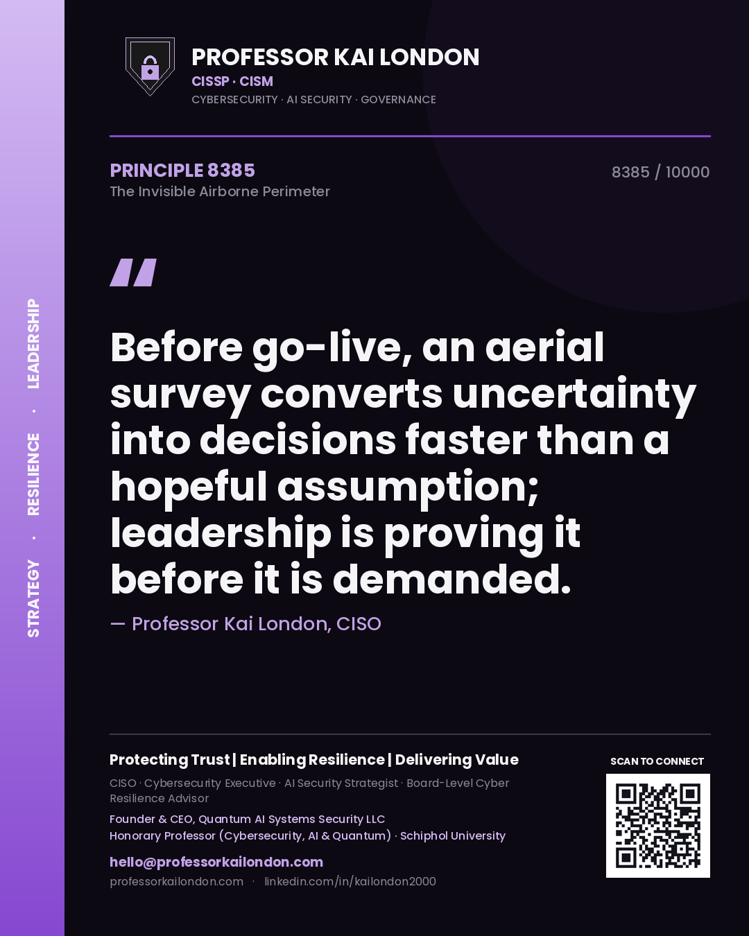 Professor Kai London principle 8385: Before go-live, an aerial survey converts uncertainty into decisions faster than a hopeful assumption; leadership is proving it before it is demanded.