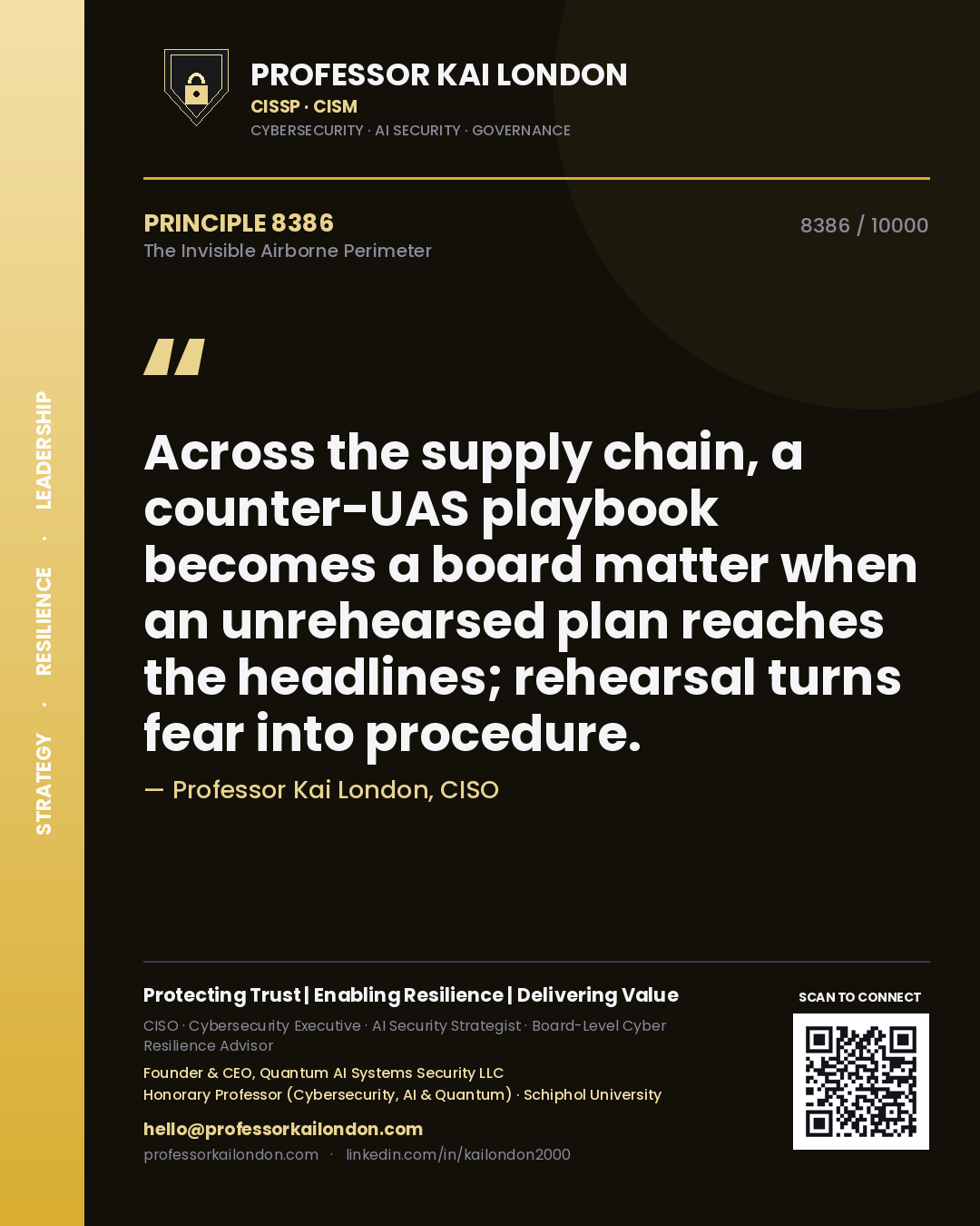 Professor Kai London principle 8386: Across the supply chain, a counter-UAS playbook becomes a board matter when an unrehearsed plan reaches the headlines; rehearsal turns fear into procedure.