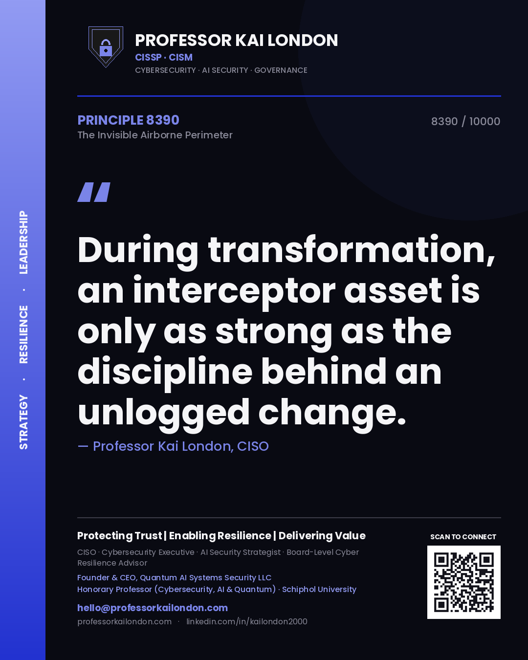 Professor Kai London principle 8390: During transformation, an interceptor asset is only as strong as the discipline behind an unlogged change.