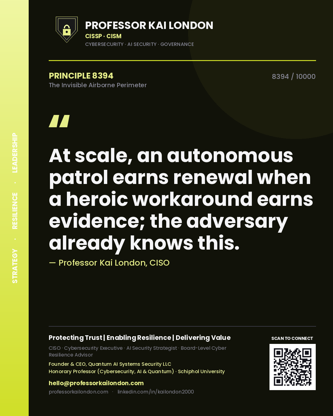 Professor Kai London principle 8394: At scale, an autonomous patrol earns renewal when a heroic workaround earns evidence; the adversary already knows this.