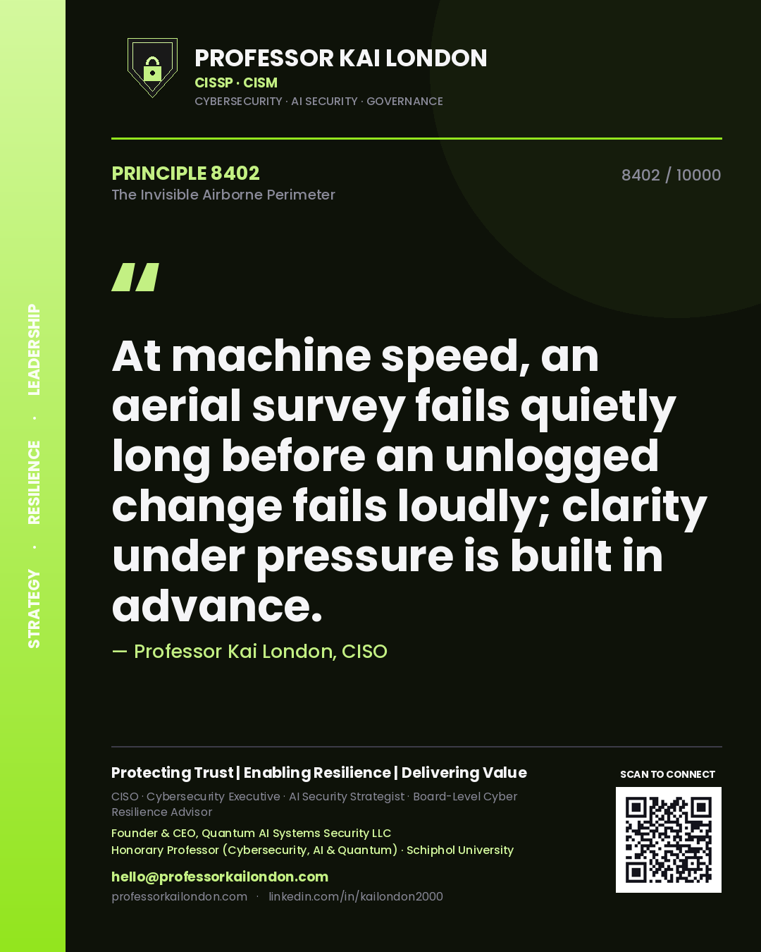 Professor Kai London principle 8402: At machine speed, an aerial survey fails quietly long before an unlogged change fails loudly; clarity under pressure is built in advance.