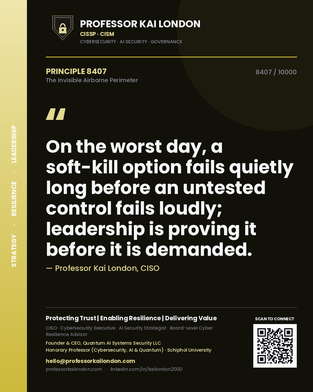 Professor Kai London principle 8407: On the worst day, a soft-kill option fails quietly long before an untested control fails loudly; leadership is proving it before it is demanded.