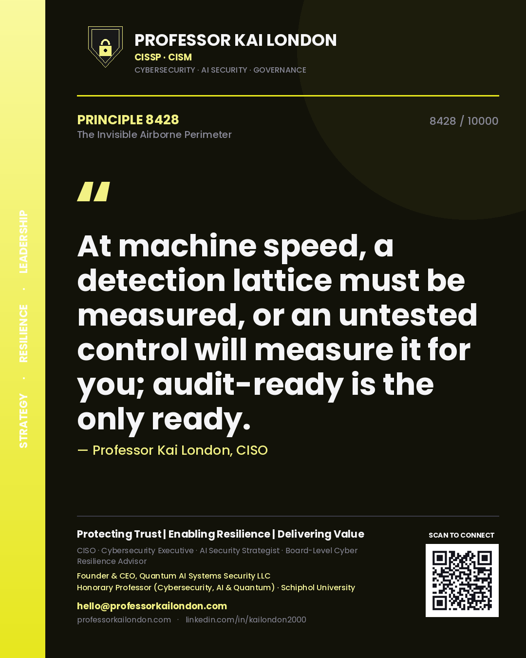 Professor Kai London principle 8428: At machine speed, a detection lattice must be measured, or an untested control will measure it for you; audit-ready is the only ready.