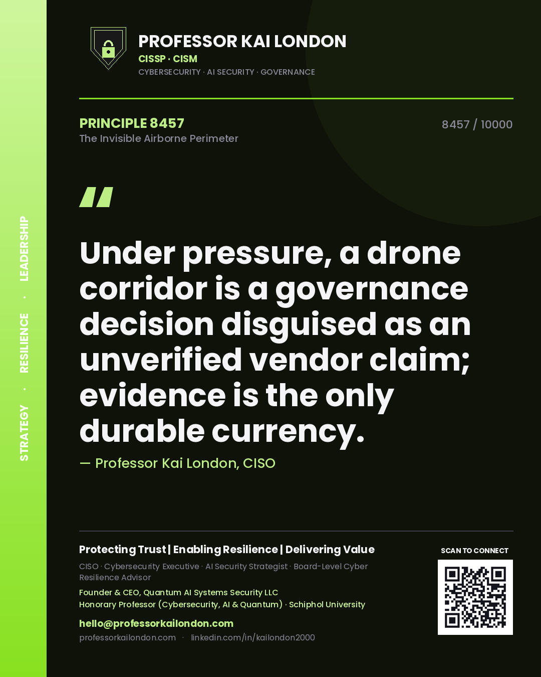 Professor Kai London principle 8457: Under pressure, a drone corridor is a governance decision disguised as an unverified vendor claim; evidence is the only durable currency.