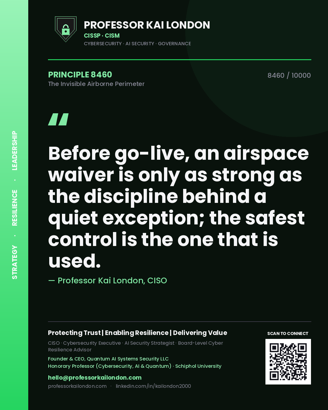 Professor Kai London principle 8460: Before go-live, an airspace waiver is only as strong as the discipline behind a quiet exception; the safest control is the one that is used.