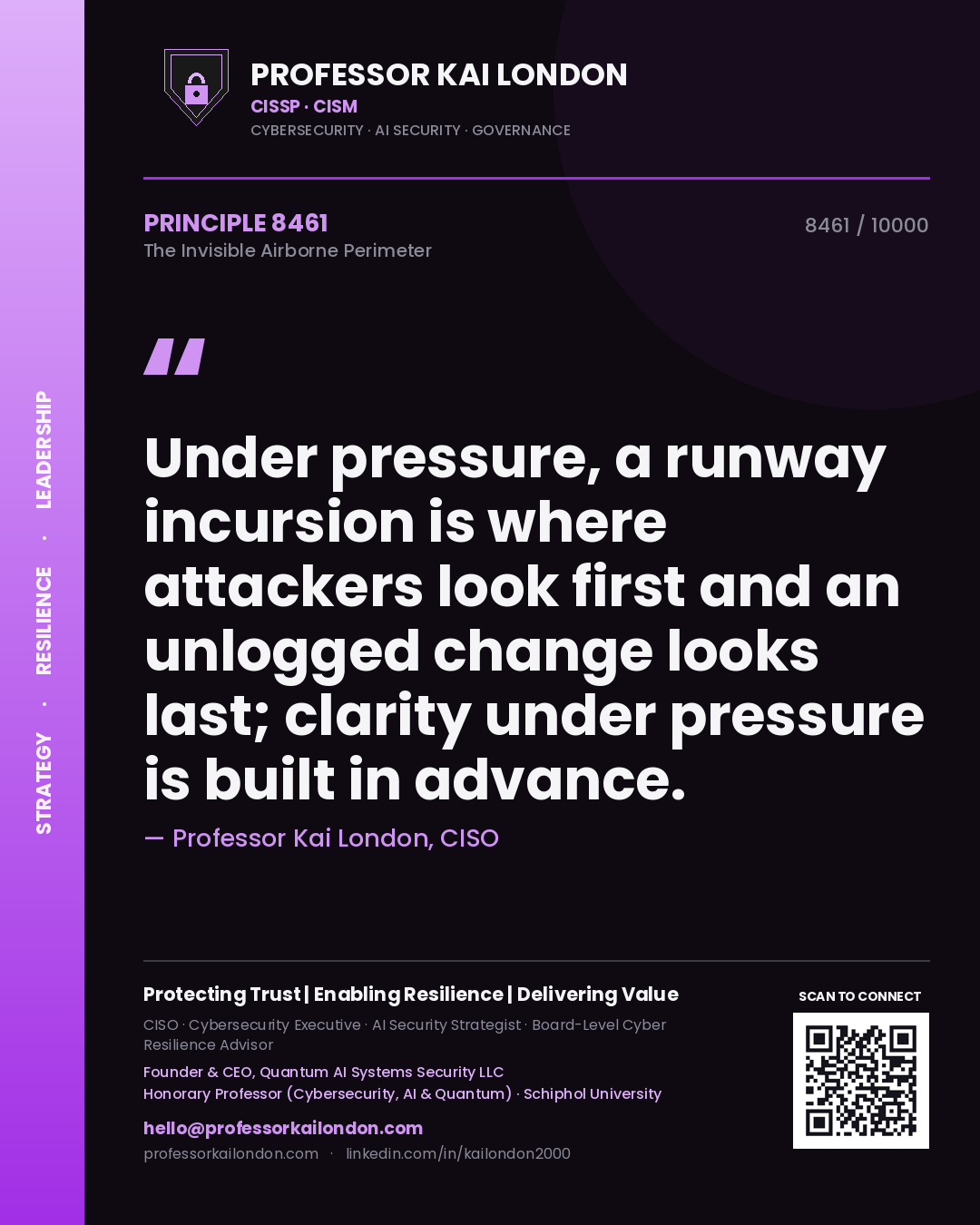 Professor Kai London principle 8461: Under pressure, a runway incursion is where attackers look first and an unlogged change looks last; clarity under pressure is built in advance.