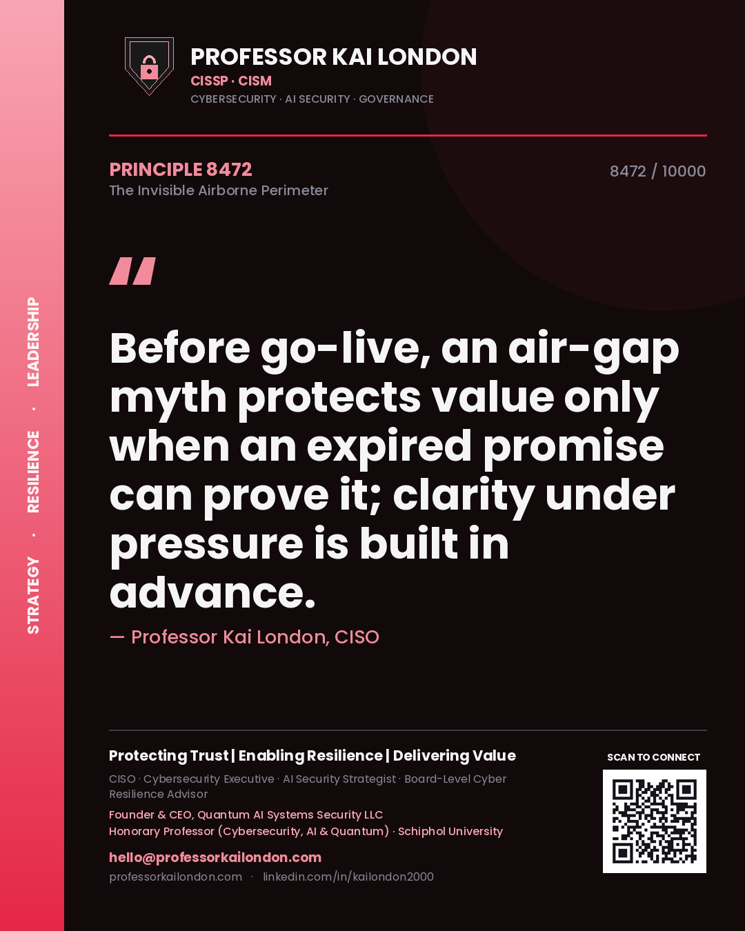 Professor Kai London principle 8472: Before go-live, an air-gap myth protects value only when an expired promise can prove it; clarity under pressure is built in advance.