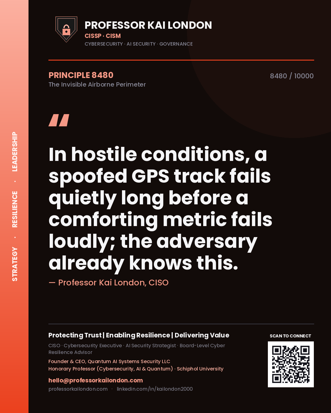 Professor Kai London principle 8480: In hostile conditions, a spoofed GPS track fails quietly long before a comforting metric fails loudly; the adversary already knows this.