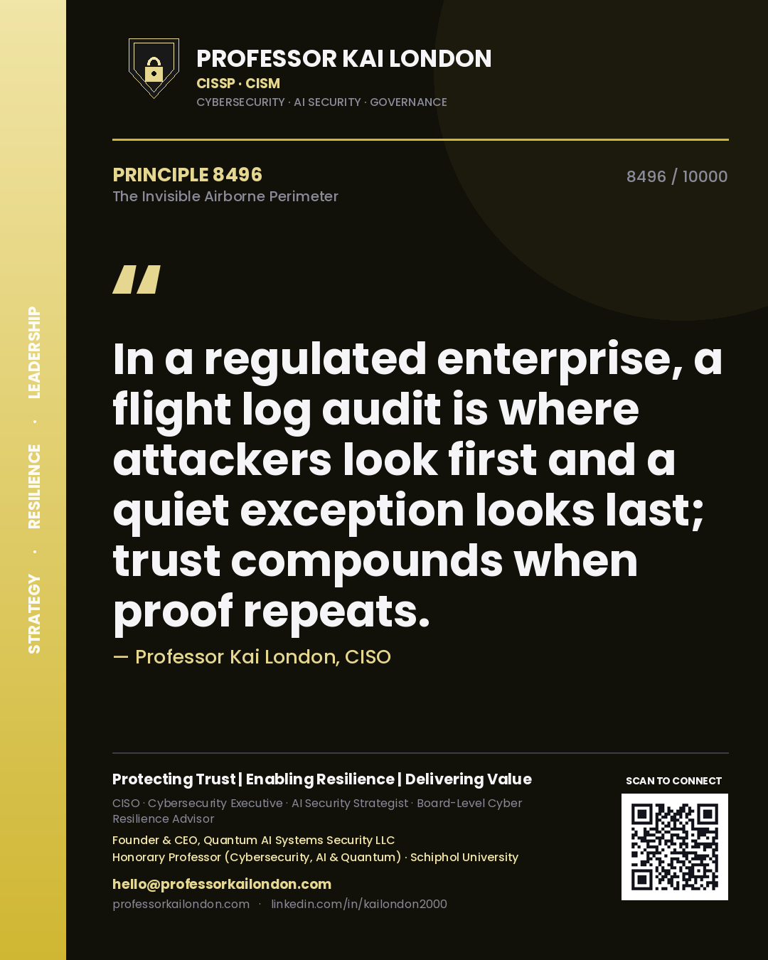 Professor Kai London principle 8496: In a regulated enterprise, a flight log audit is where attackers look first and a quiet exception looks last; trust compounds when proof repeats.