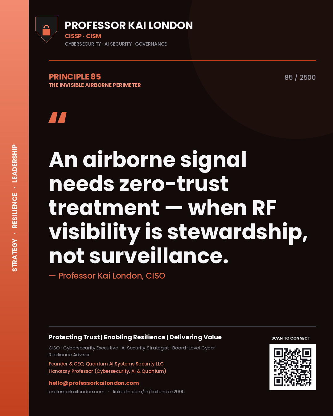 Professor Kai London principle 85: An airborne signal needs zero-trust treatment — when RF visibility is stewardship, not surveillance.