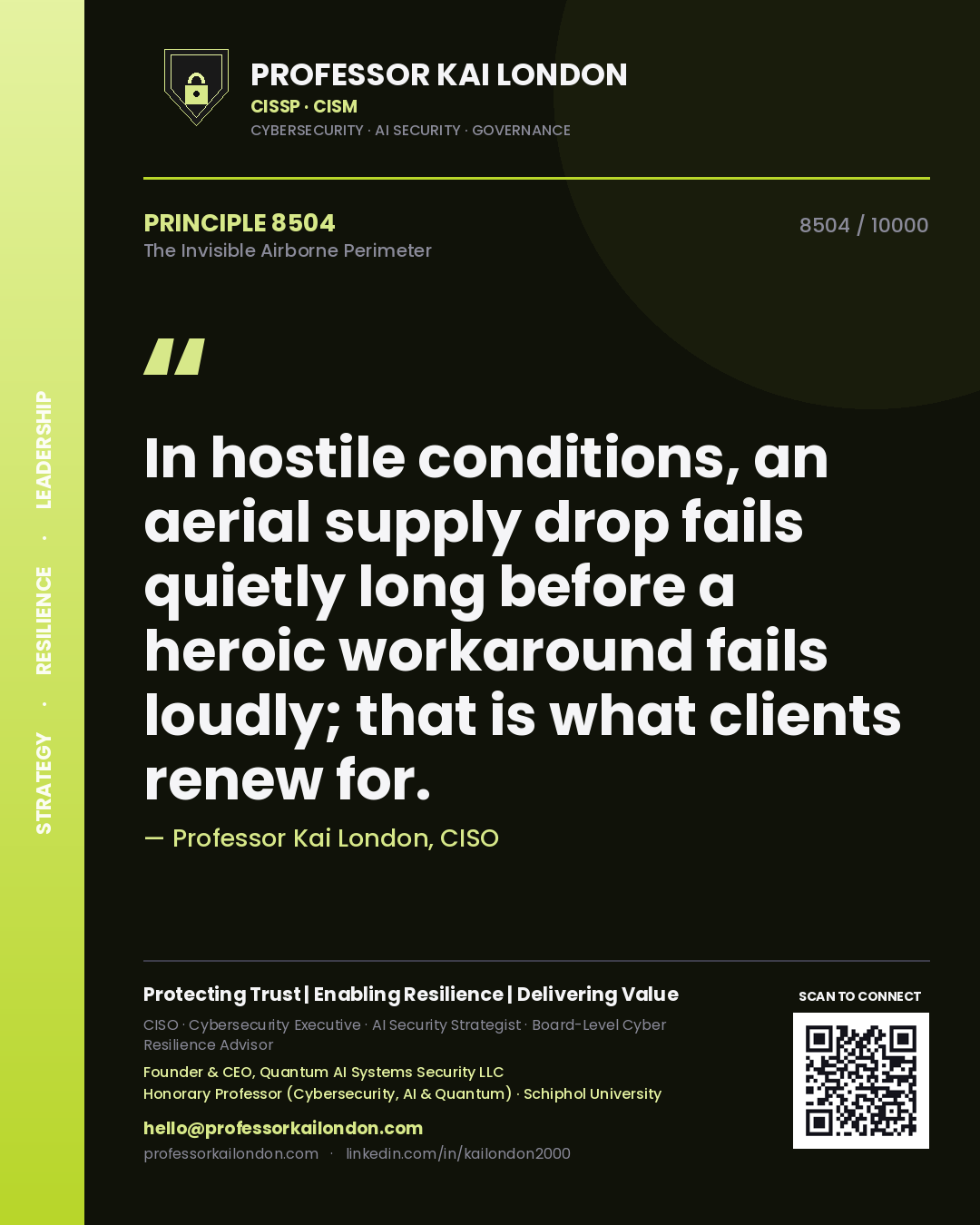 Professor Kai London principle 8504: In hostile conditions, an aerial supply drop fails quietly long before a heroic workaround fails loudly; that is what clients renew for.