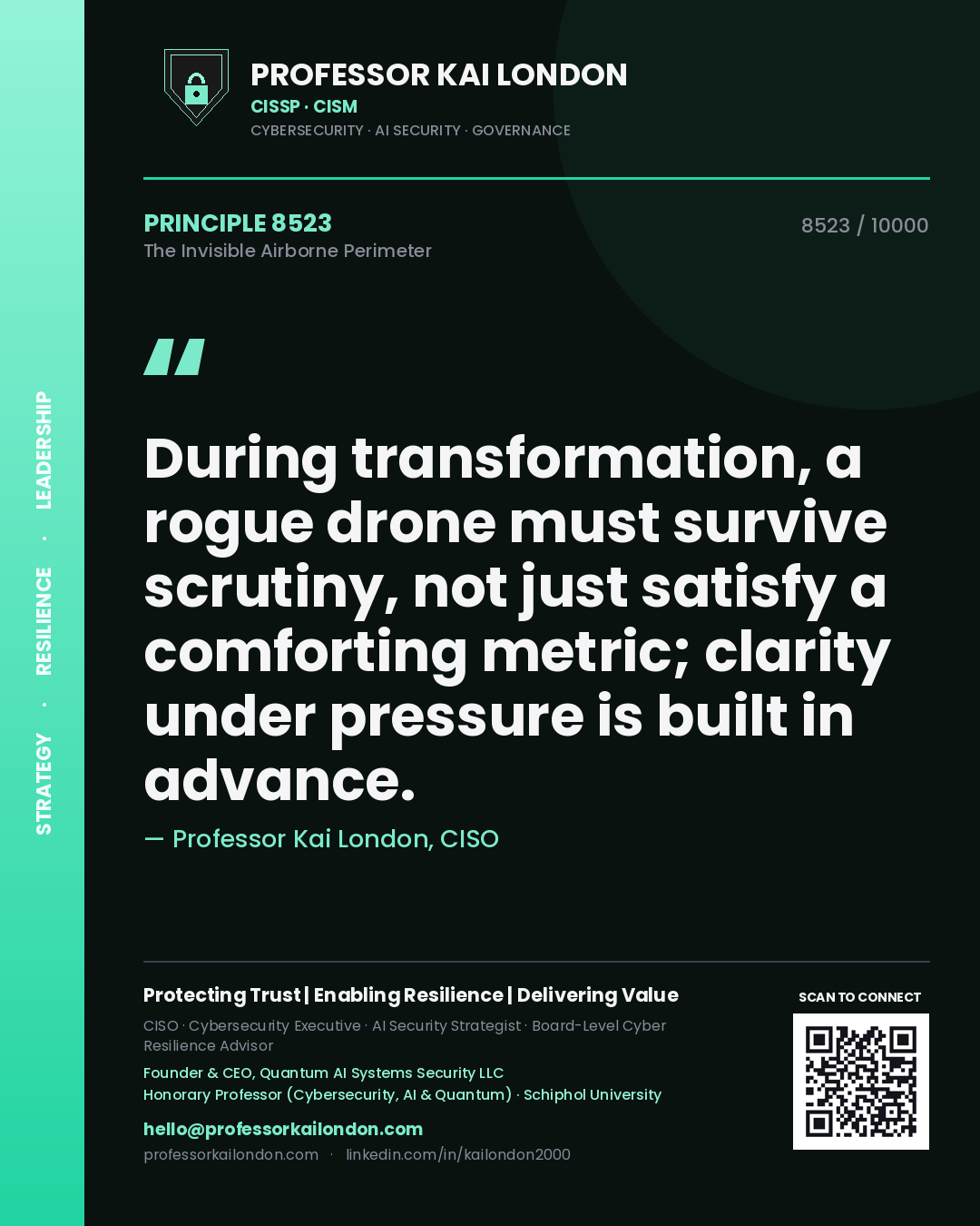 Professor Kai London principle 8523: During transformation, a rogue drone must survive scrutiny, not just satisfy a comforting metric; clarity under pressure is built in advance.