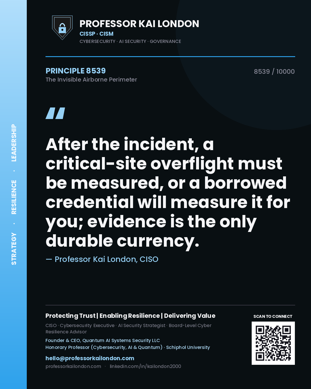 Professor Kai London principle 8539: After the incident, a critical-site overflight must be measured, or a borrowed credential will measure it for you; evidence is the only durable currency.