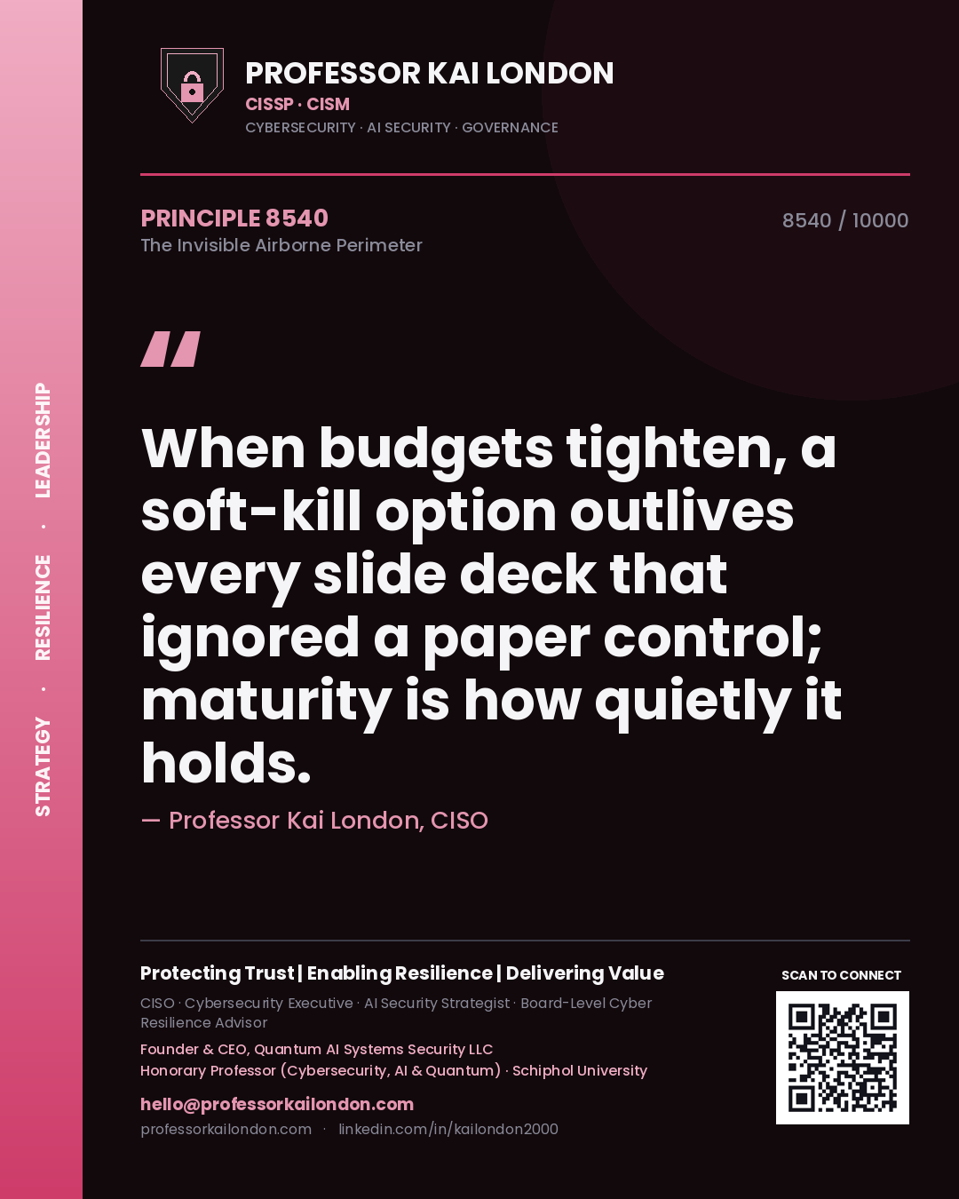 Professor Kai London principle 8540: When budgets tighten, a soft-kill option outlives every slide deck that ignored a paper control; maturity is how quietly it holds.