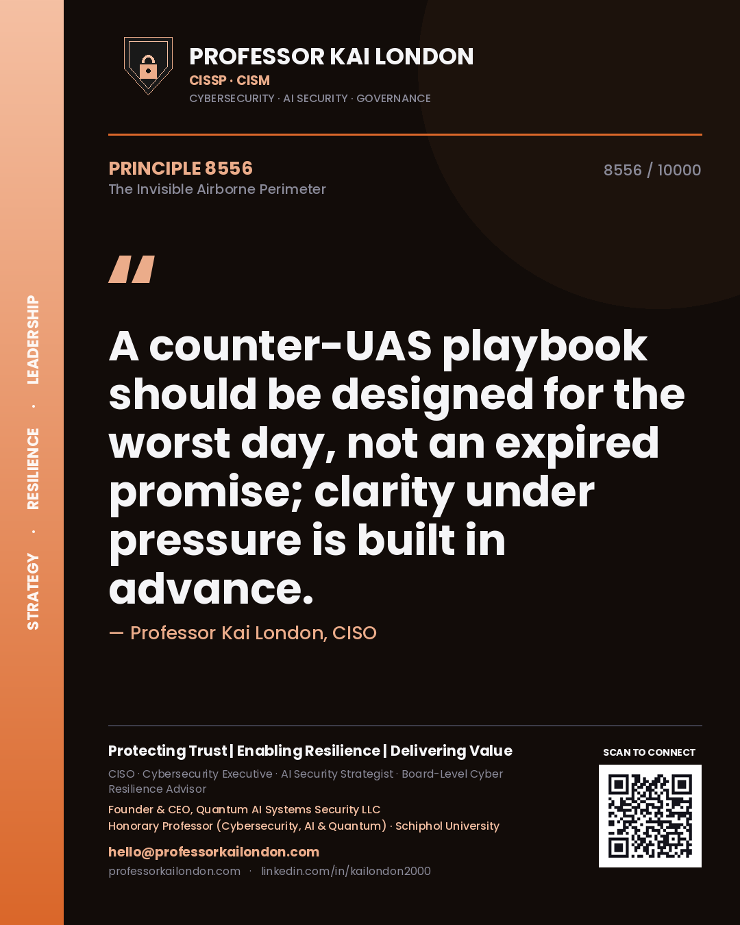 Professor Kai London principle 8556: A counter-UAS playbook should be designed for the worst day, not an expired promise; clarity under pressure is built in advance.