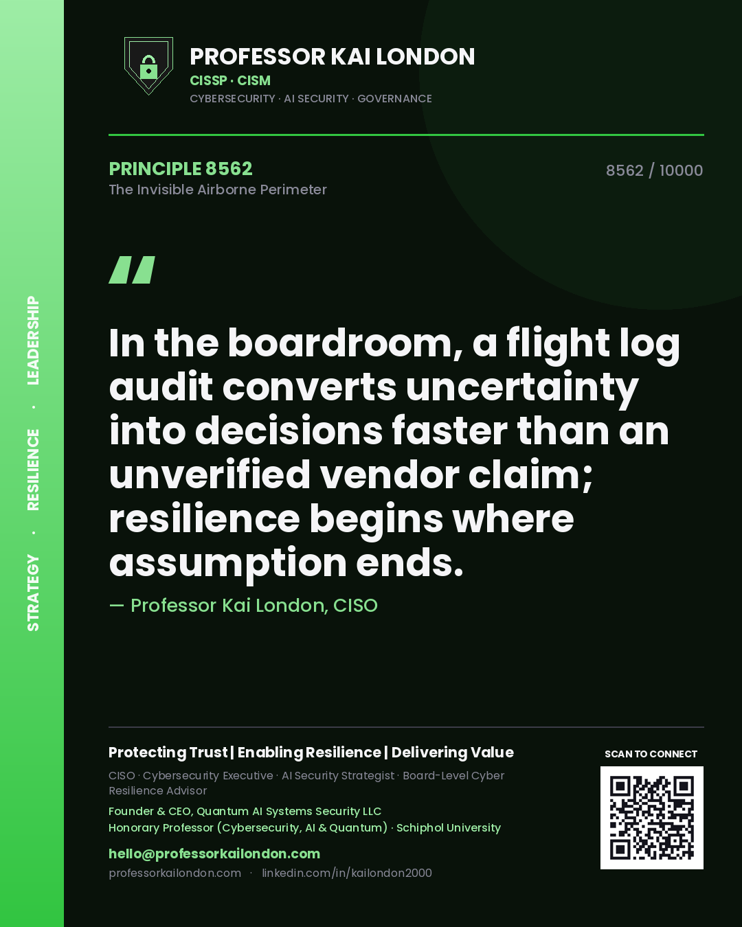 Professor Kai London principle 8562: In the boardroom, a flight log audit converts uncertainty into decisions faster than an unverified vendor claim; resilience begins where assumption ends.