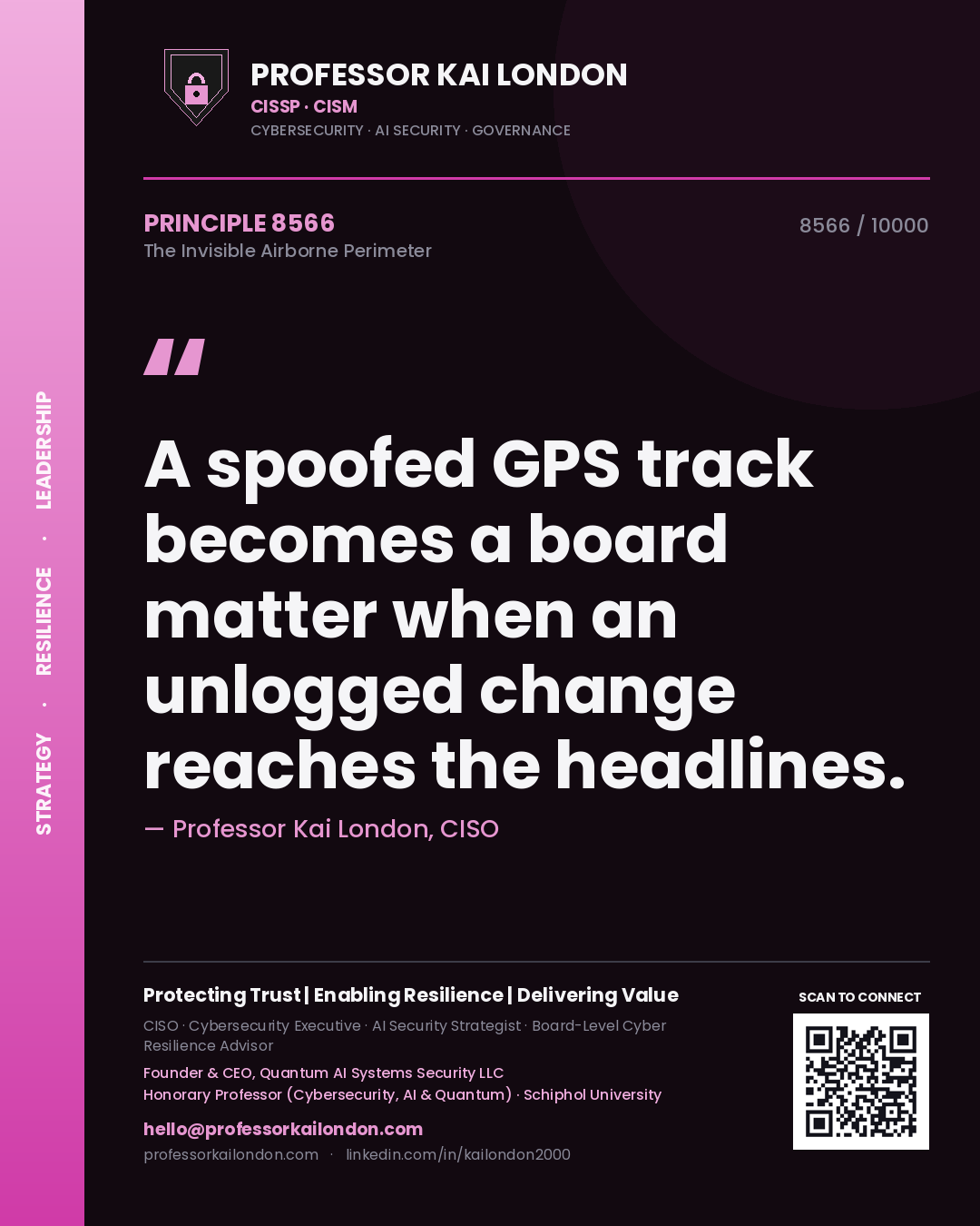 Professor Kai London principle 8566: A spoofed GPS track becomes a board matter when an unlogged change reaches the headlines.