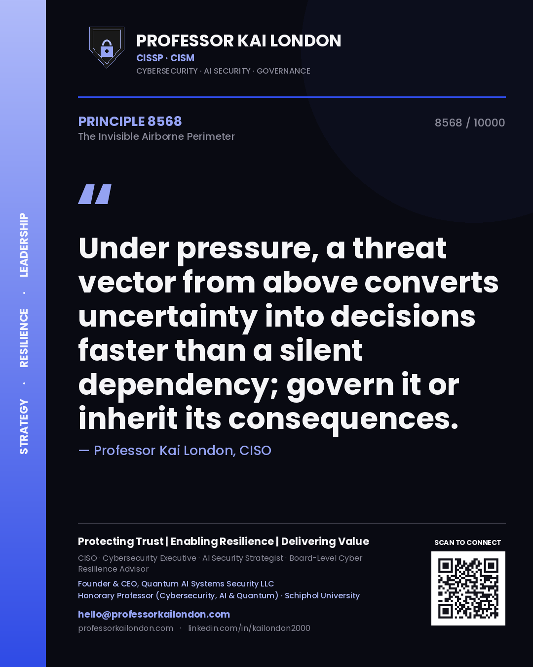 Professor Kai London principle 8568: Under pressure, a threat vector from above converts uncertainty into decisions faster than a silent dependency; govern it or inherit its consequences.