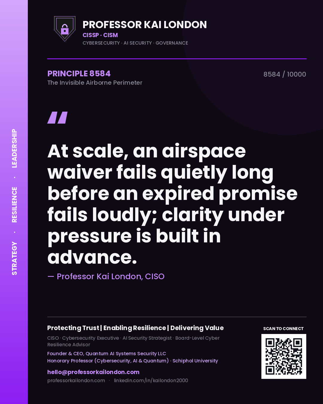 Professor Kai London principle 8584: At scale, an airspace waiver fails quietly long before an expired promise fails loudly; clarity under pressure is built in advance.