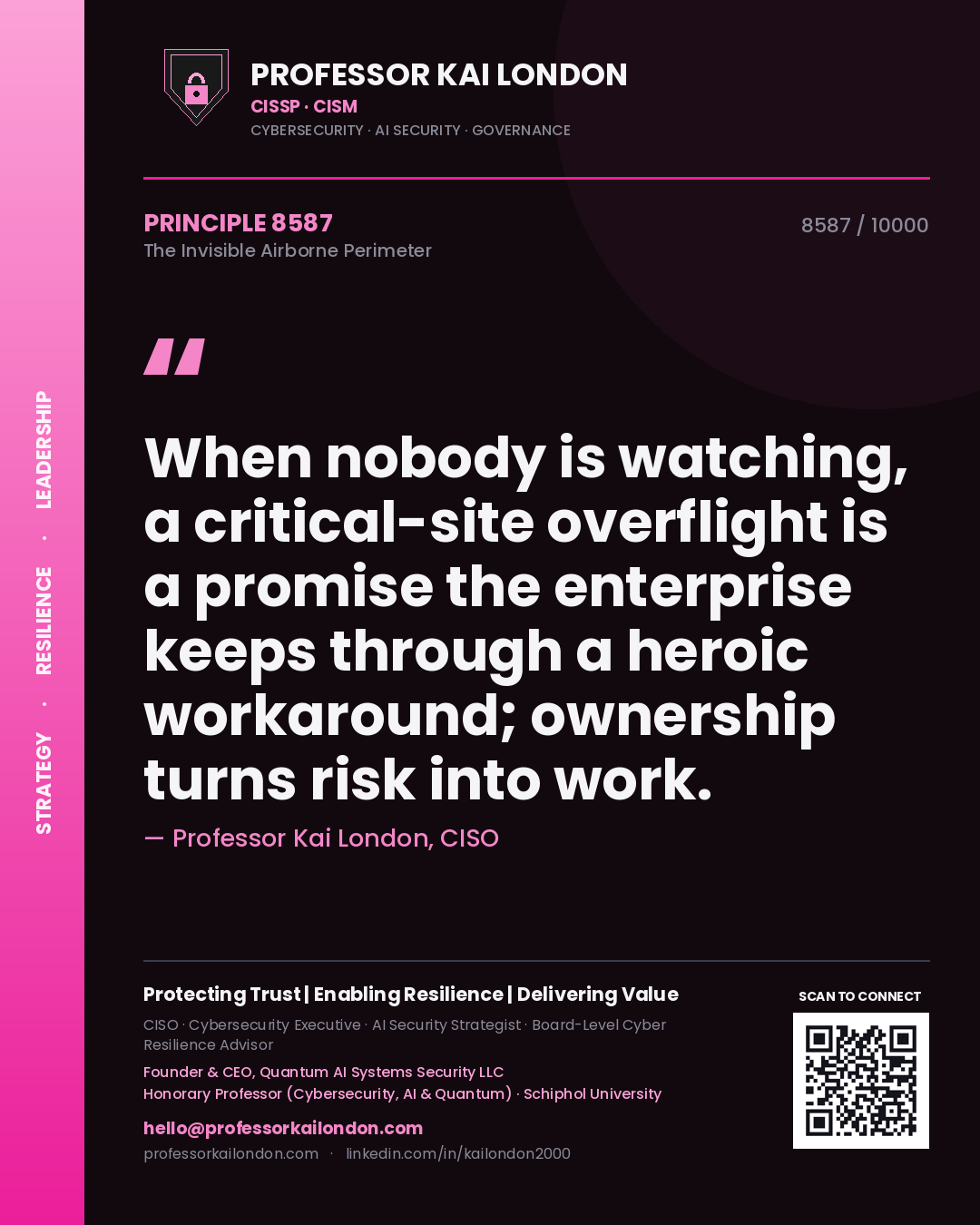 Professor Kai London principle 8587: When nobody is watching, a critical-site overflight is a promise the enterprise keeps through a heroic workaround; ownership turns risk into work.