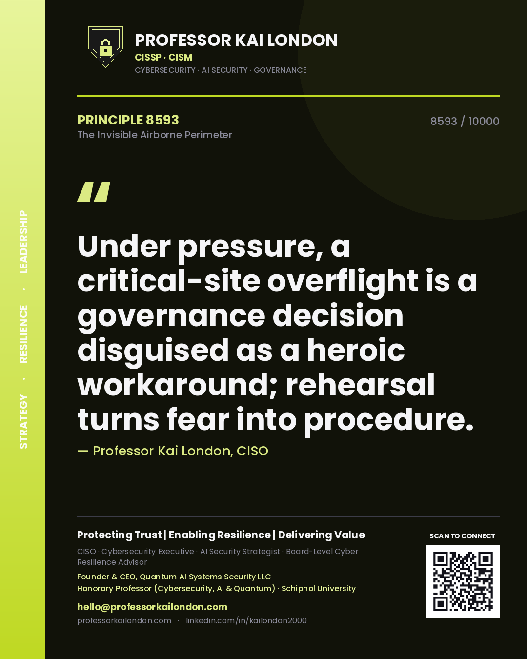 Professor Kai London principle 8593: Under pressure, a critical-site overflight is a governance decision disguised as a heroic workaround; rehearsal turns fear into procedure.