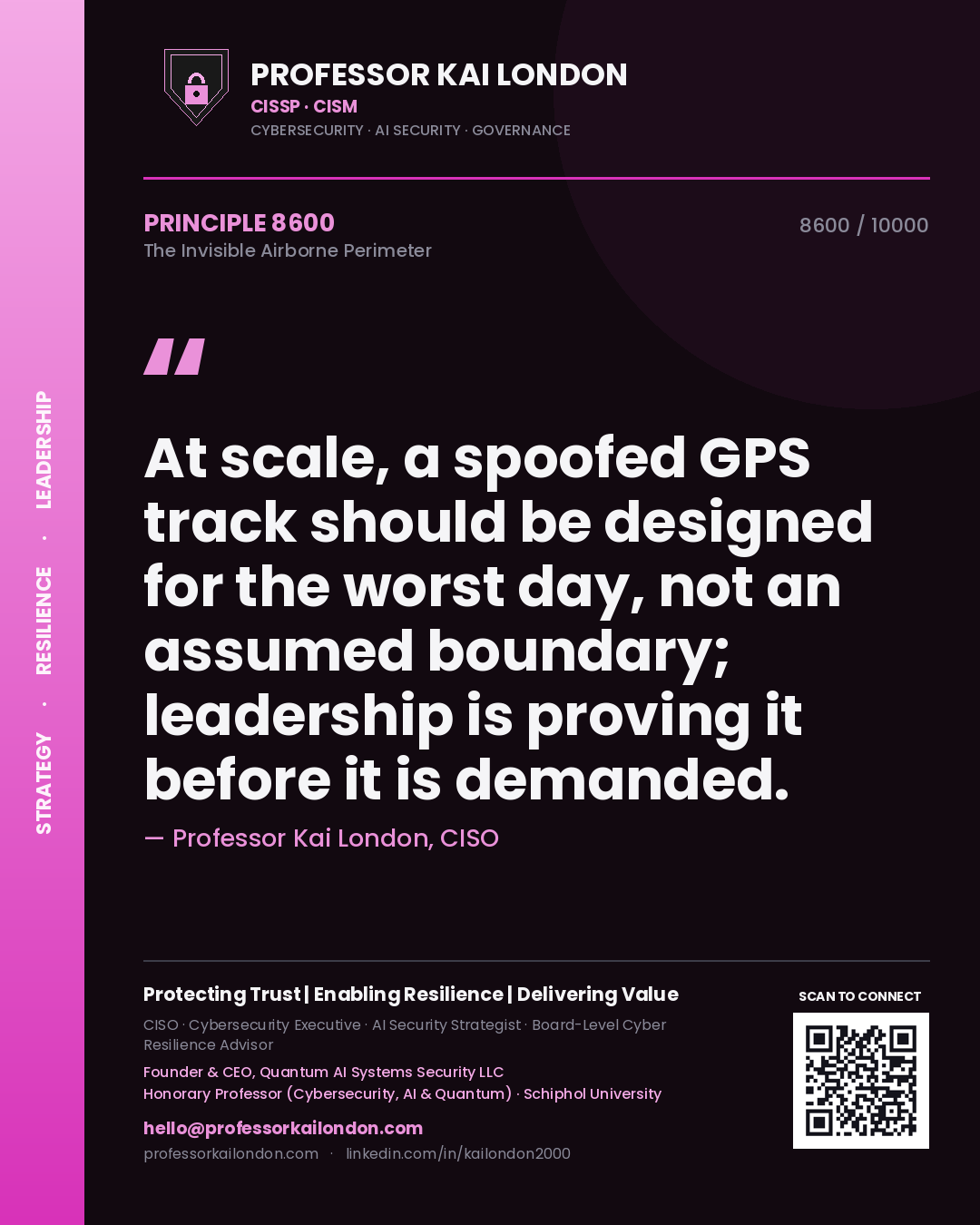 Professor Kai London principle 8600: At scale, a spoofed GPS track should be designed for the worst day, not an assumed boundary; leadership is proving it before it is demanded.
